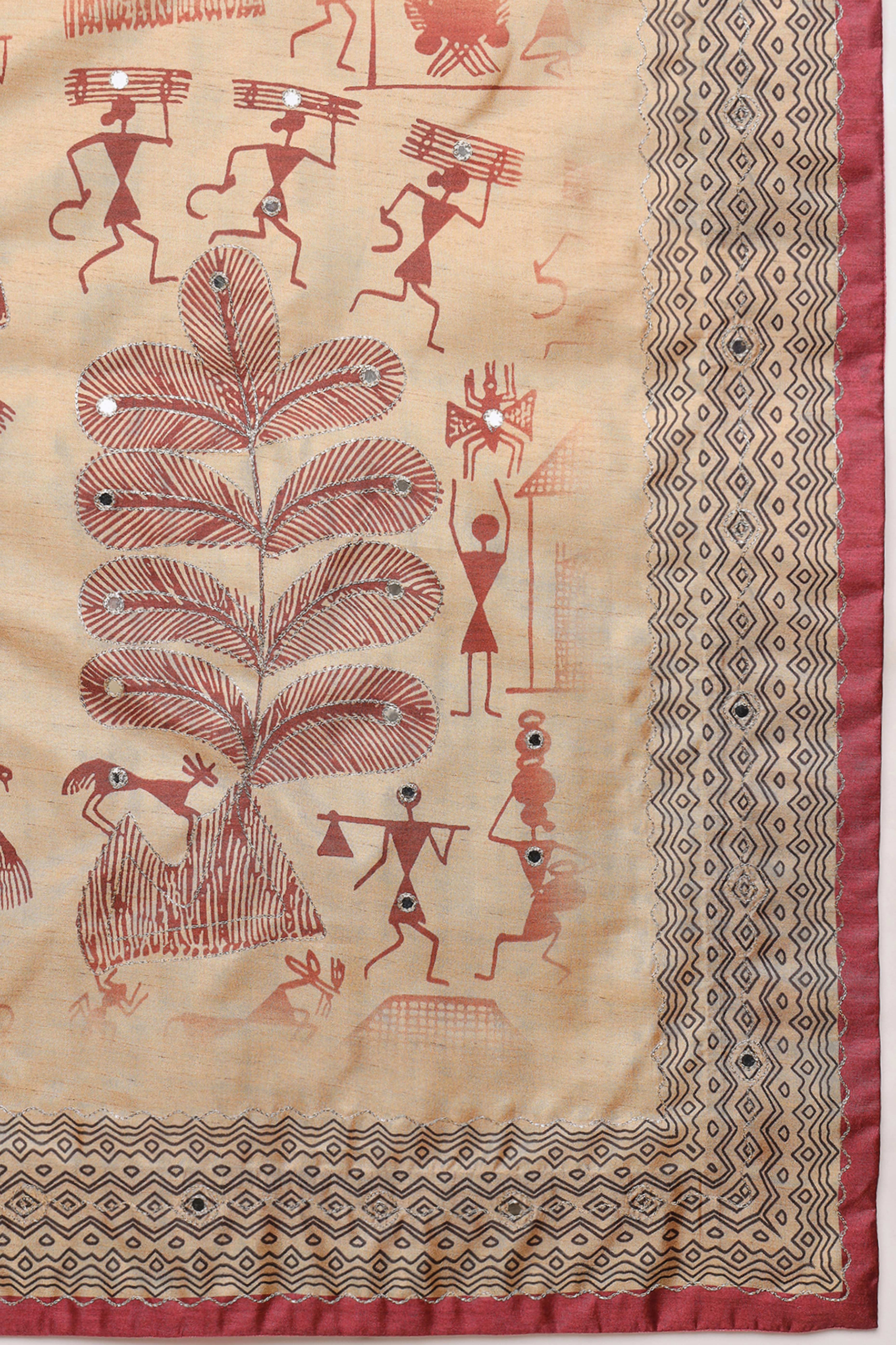 Red Warli Folk Art Printed Cotton Silk Saree Flowy Drape Festive Wear - Image 9