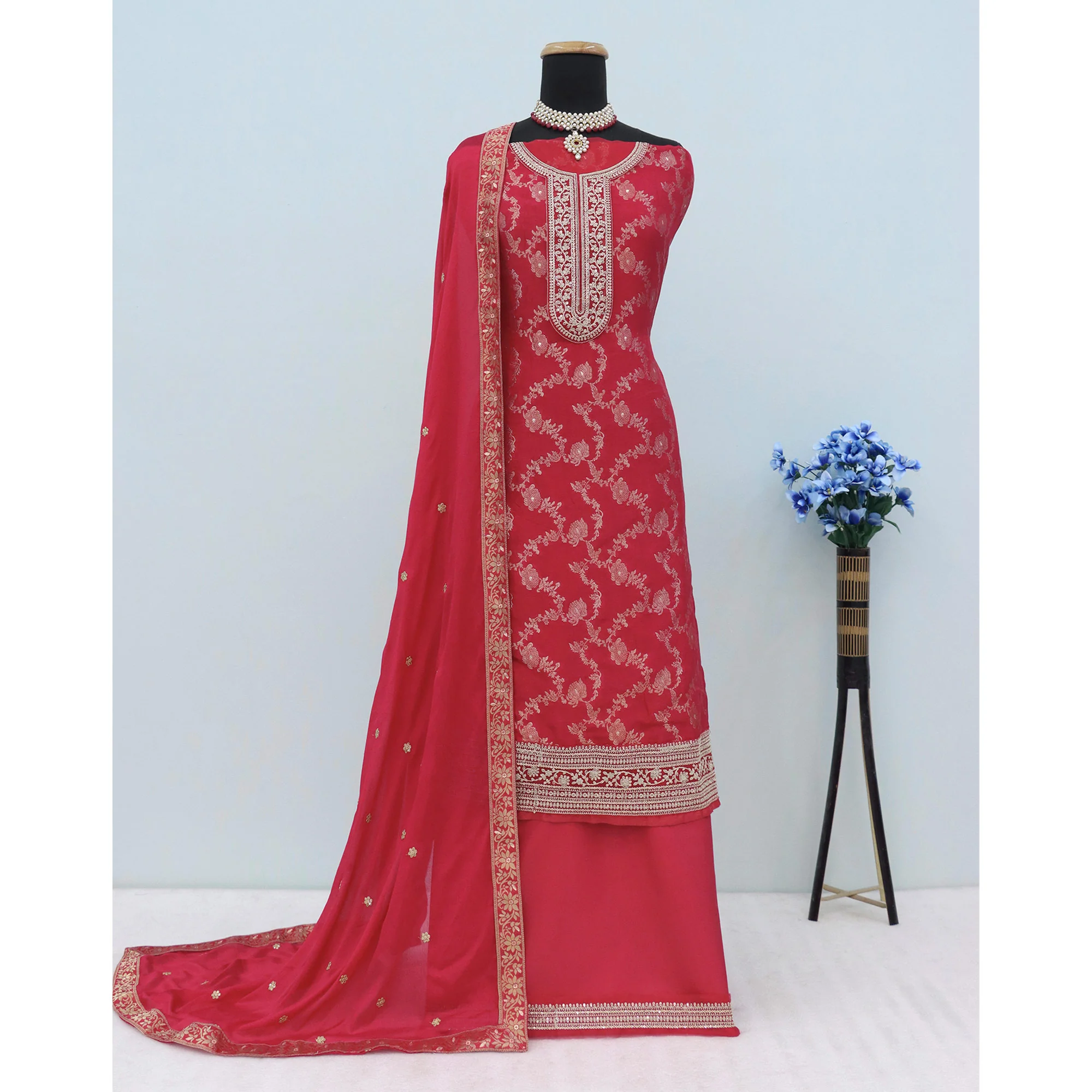 Red Weaving With Sequins Work Dola Silk Dress Material - Image 3