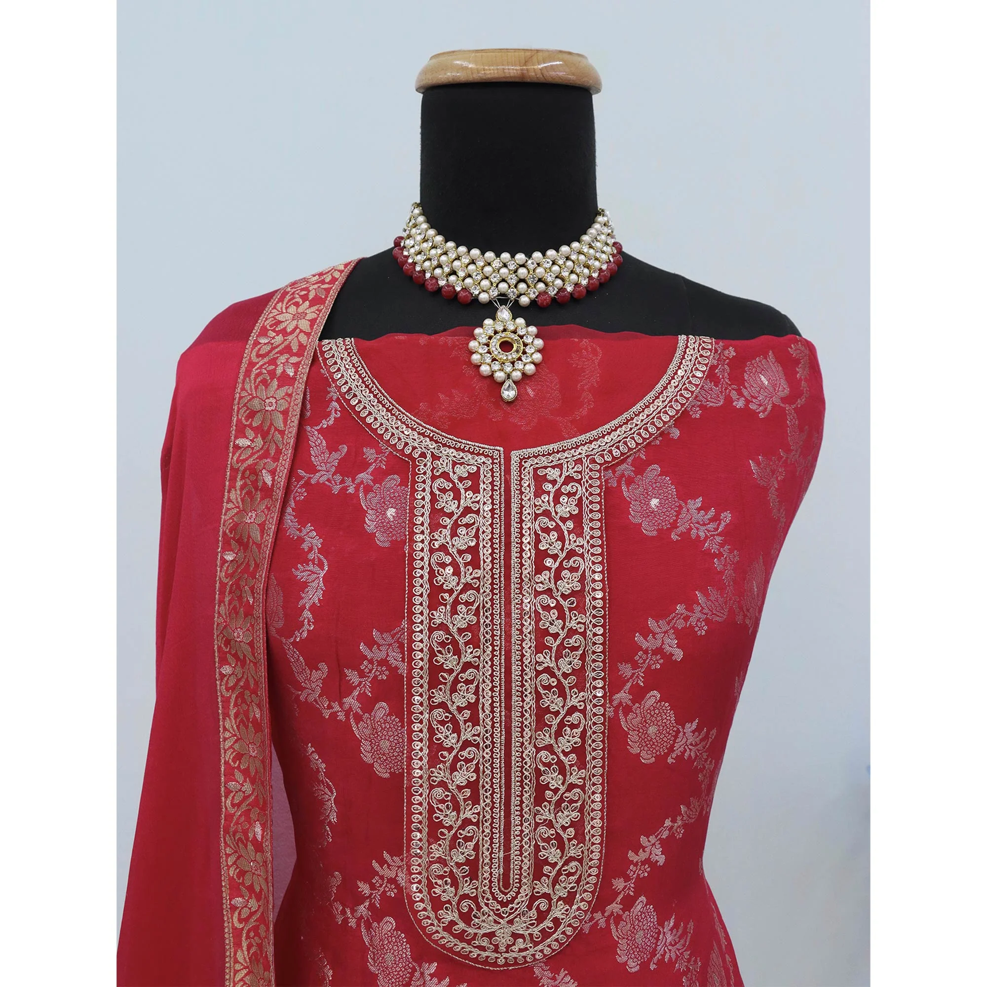 Red Weaving With Sequins Work Dola Silk Dress Material - Image 4