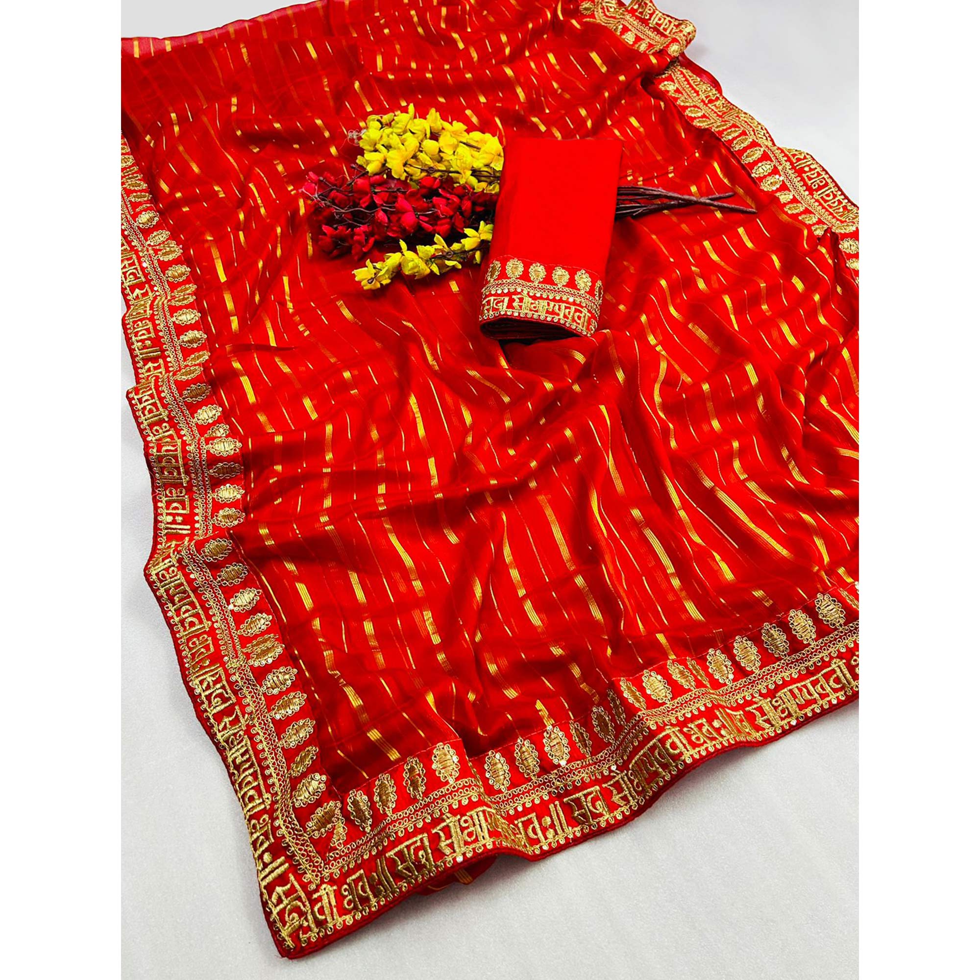 Red Woven Chiffon Saree With Embroidered Border - Image 3