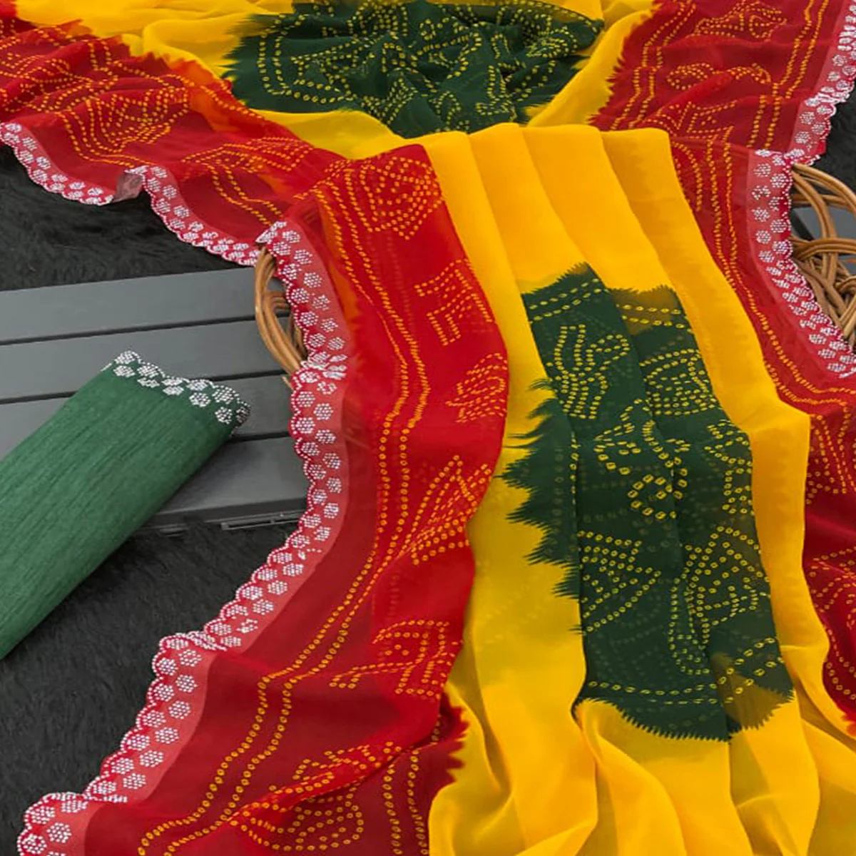 Red & Yellow Georgette Saree With Traditional Bandhani Print And Sparkling Stone Work Border - Image 2