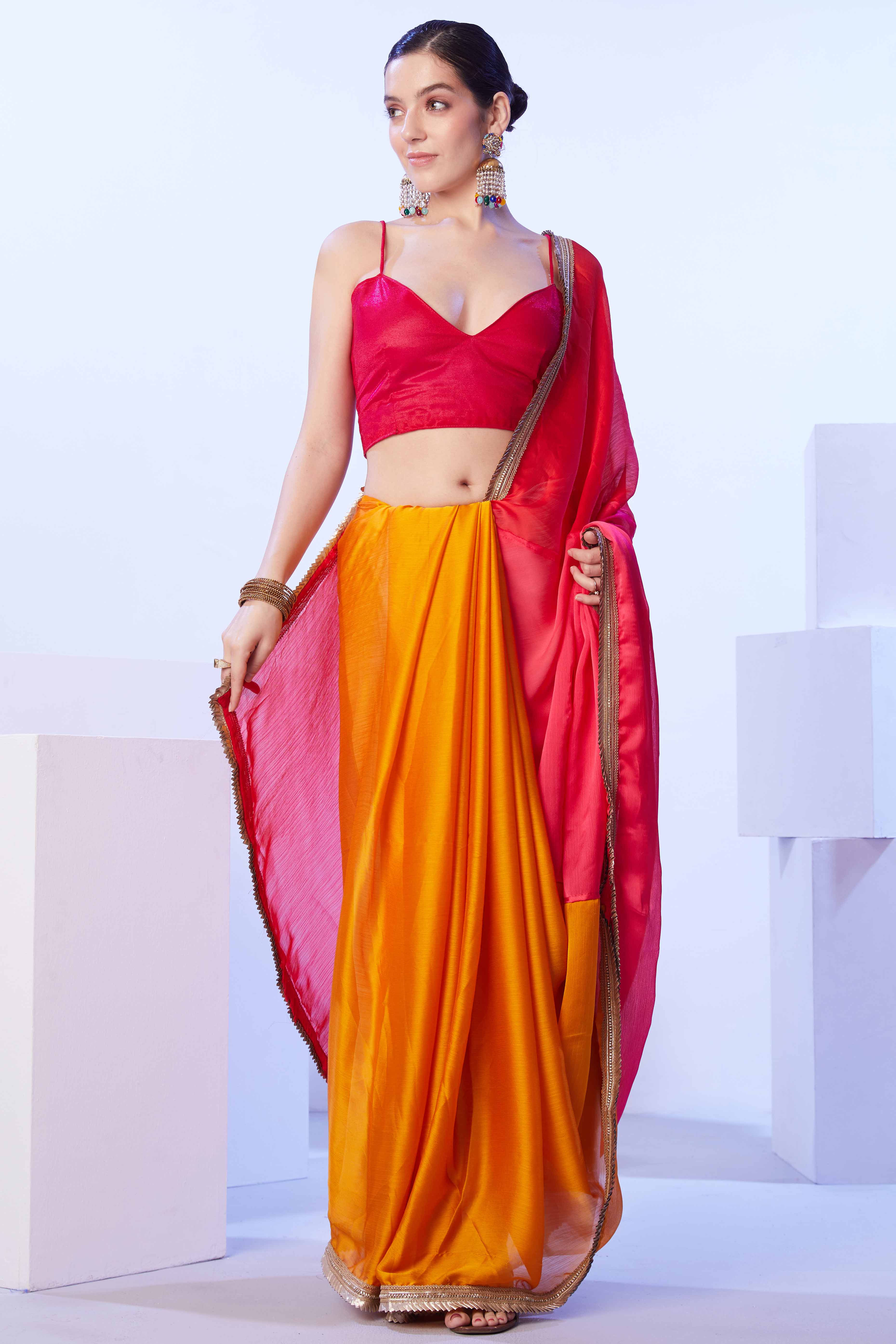 Red & Yellow Satin Printed Saree Adorned with Ombre Pattern - Image 4