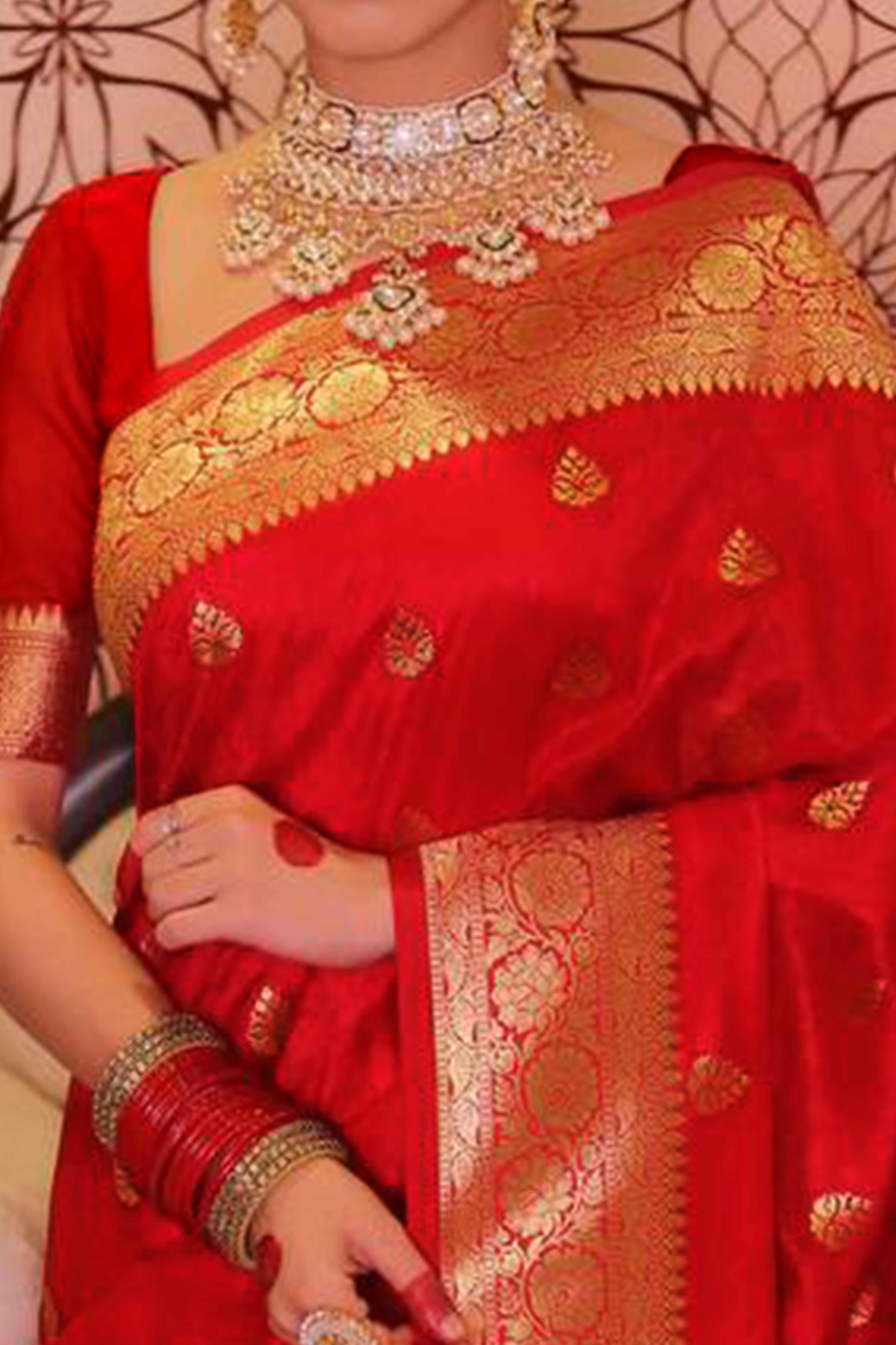 Red Zari Butti Embellished Banarasi Silk Saree Offering Timeless Grace and Festive Charm - Image 2