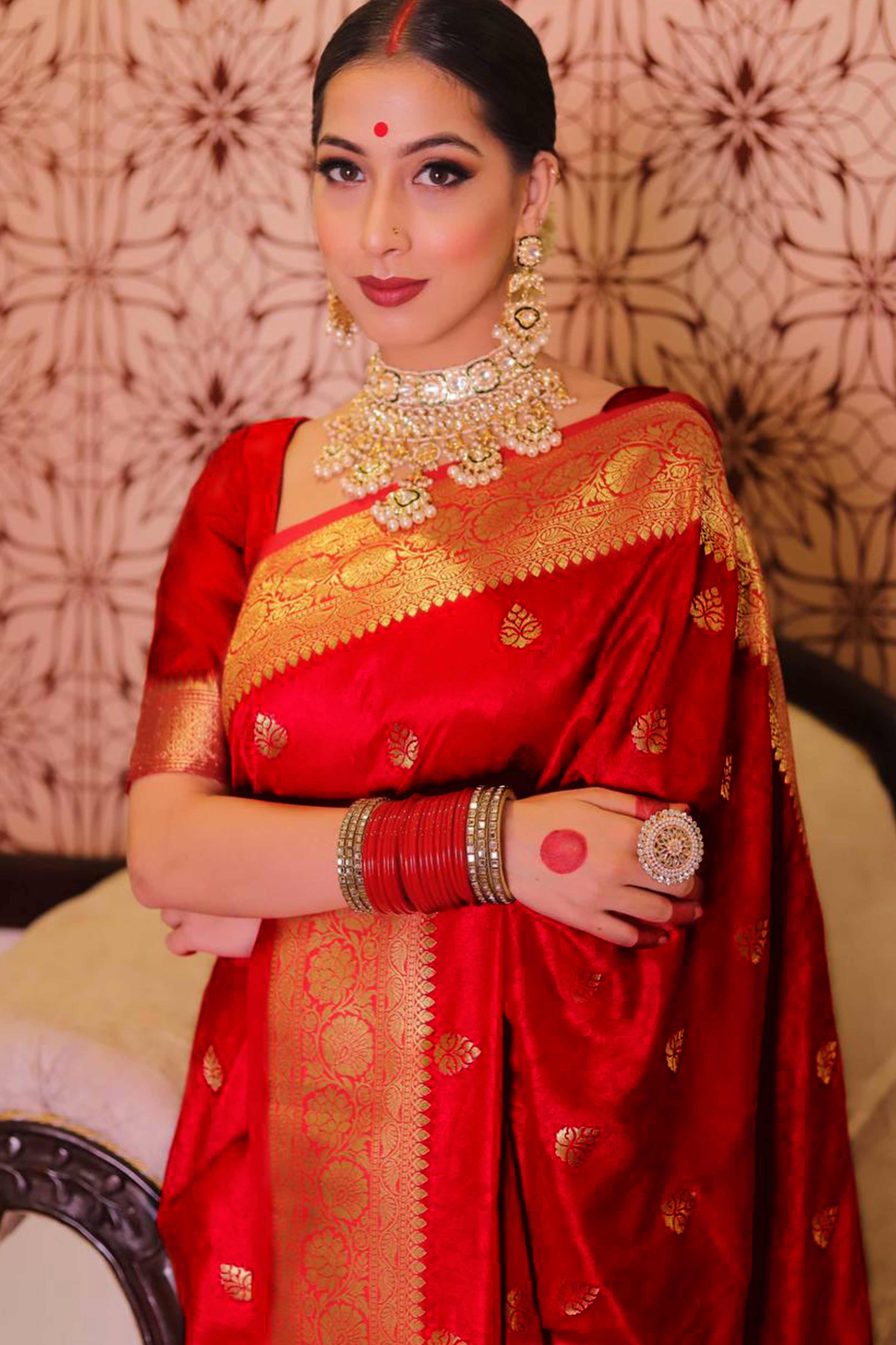 Red Zari Butti Embellished Banarasi Silk Saree Offering Timeless Grace and Festive Charm - Image 5