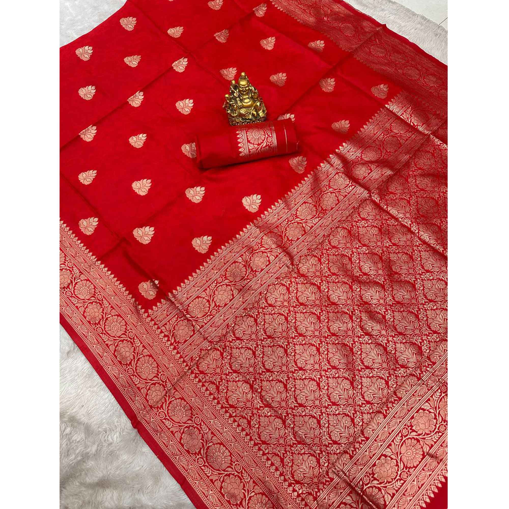 Red Zari Butti Embellished Banarasi Silk Saree Offering Timeless Grace and Festive Charm - Image 6