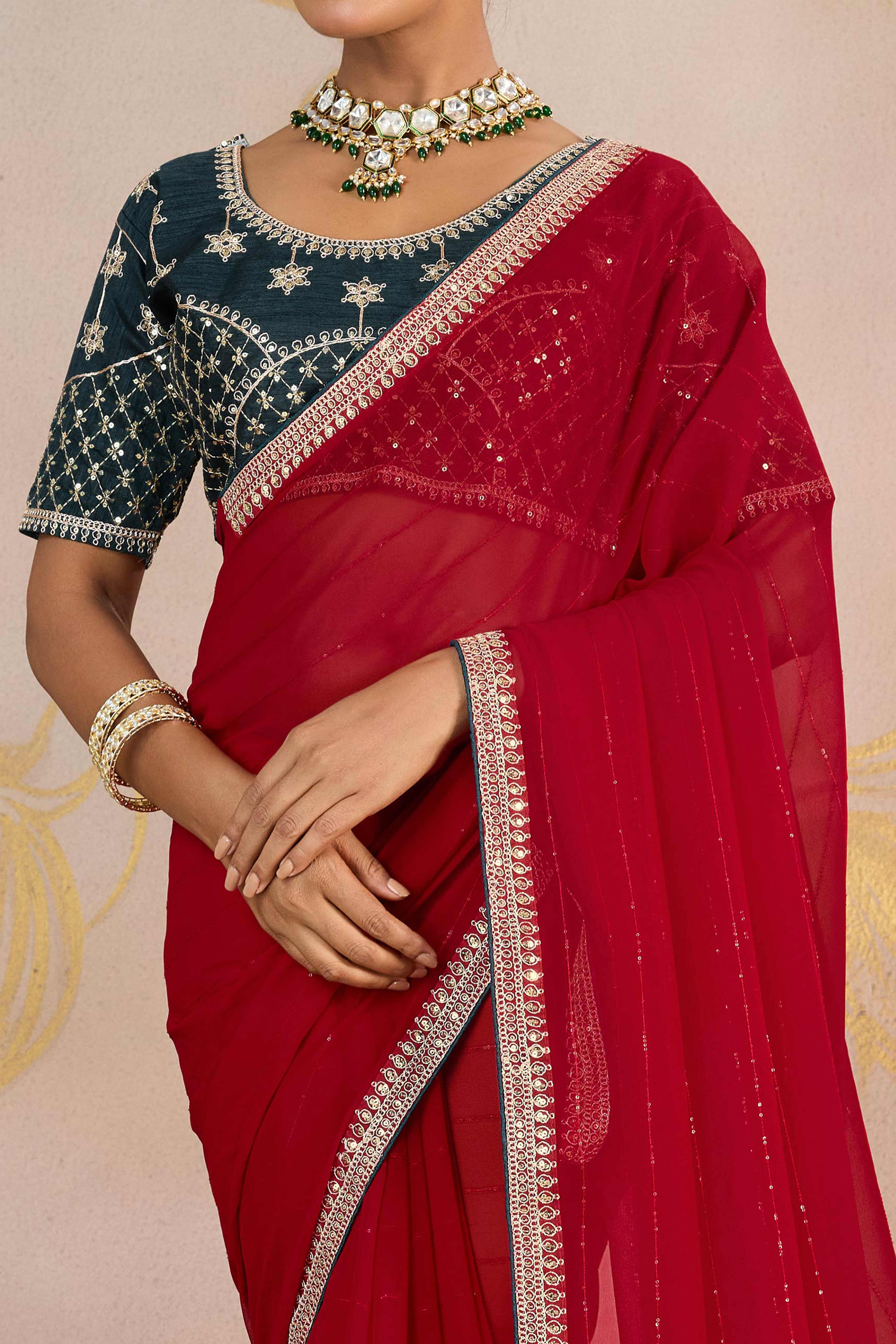 Red Zari Embroidered Georgette Saree Accented With Sequins - Image 2