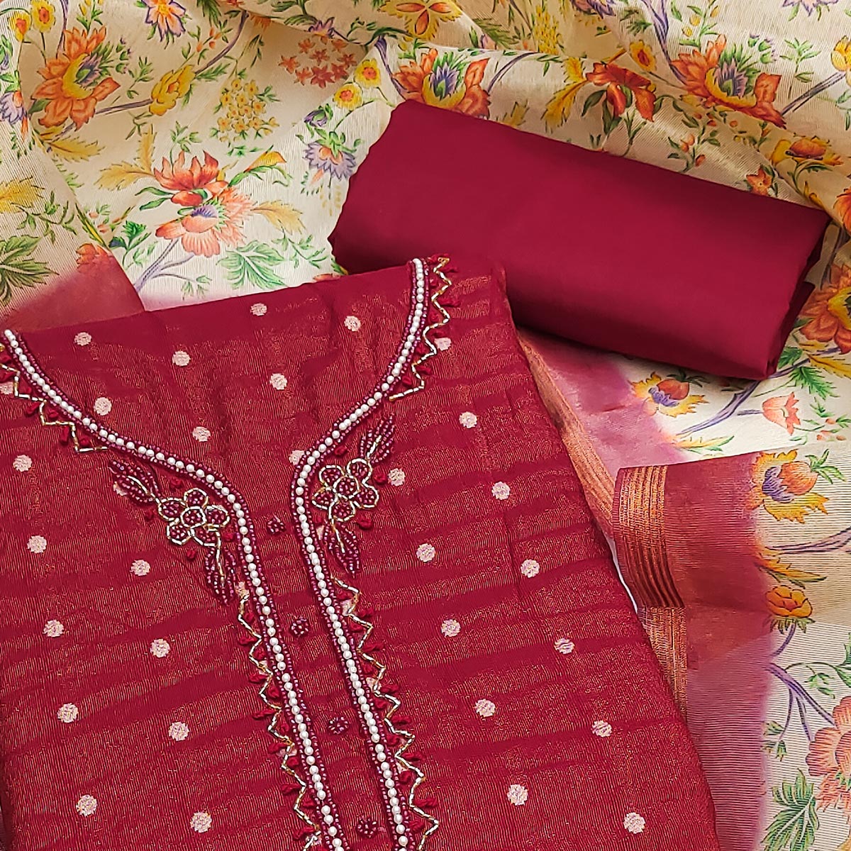 Red Zari Work Woven Net Dress Material - Image 2