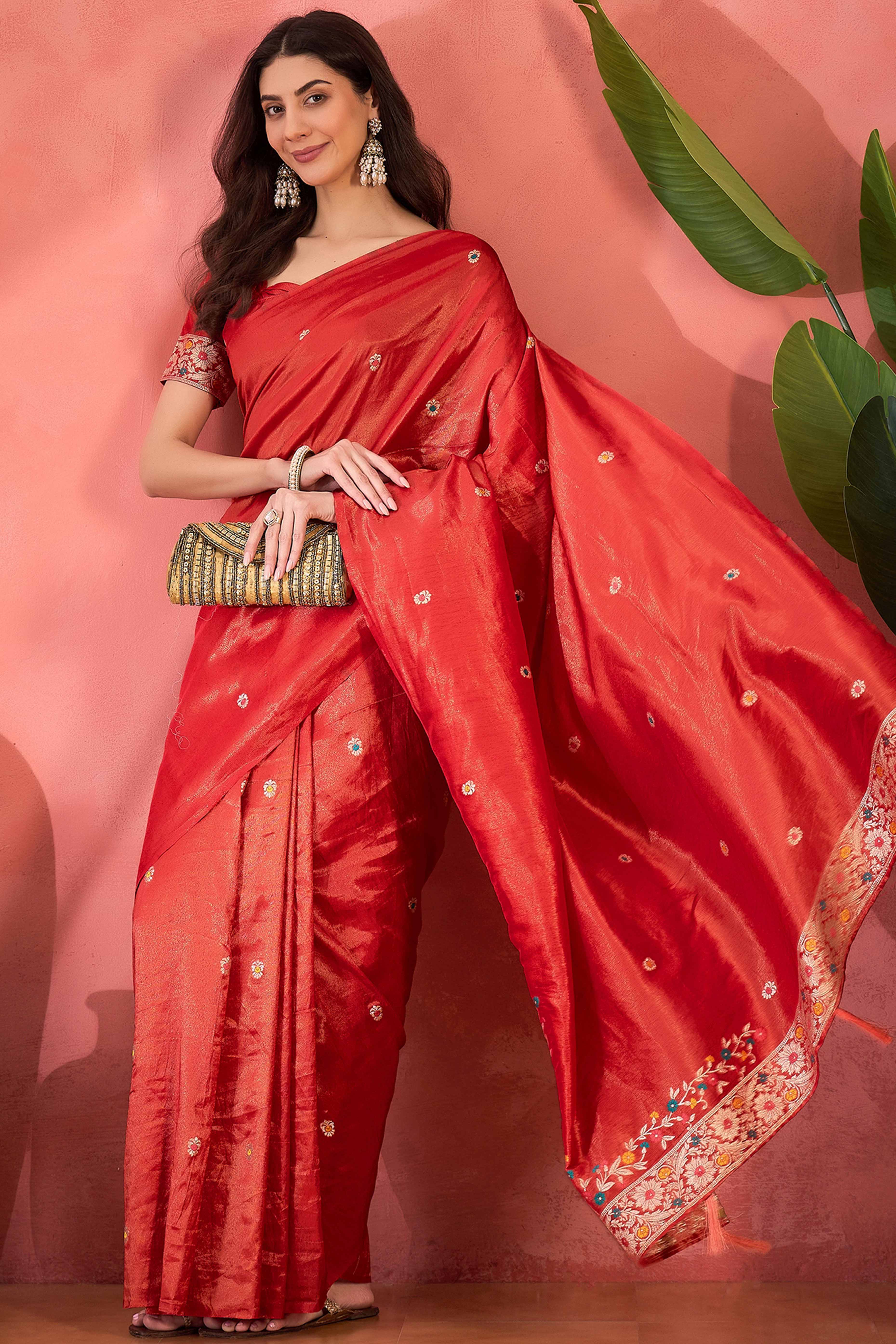 Red Zari Woven Shimmer Saree With Floral Motifs & Flowing Tassel Pallu - Image 4