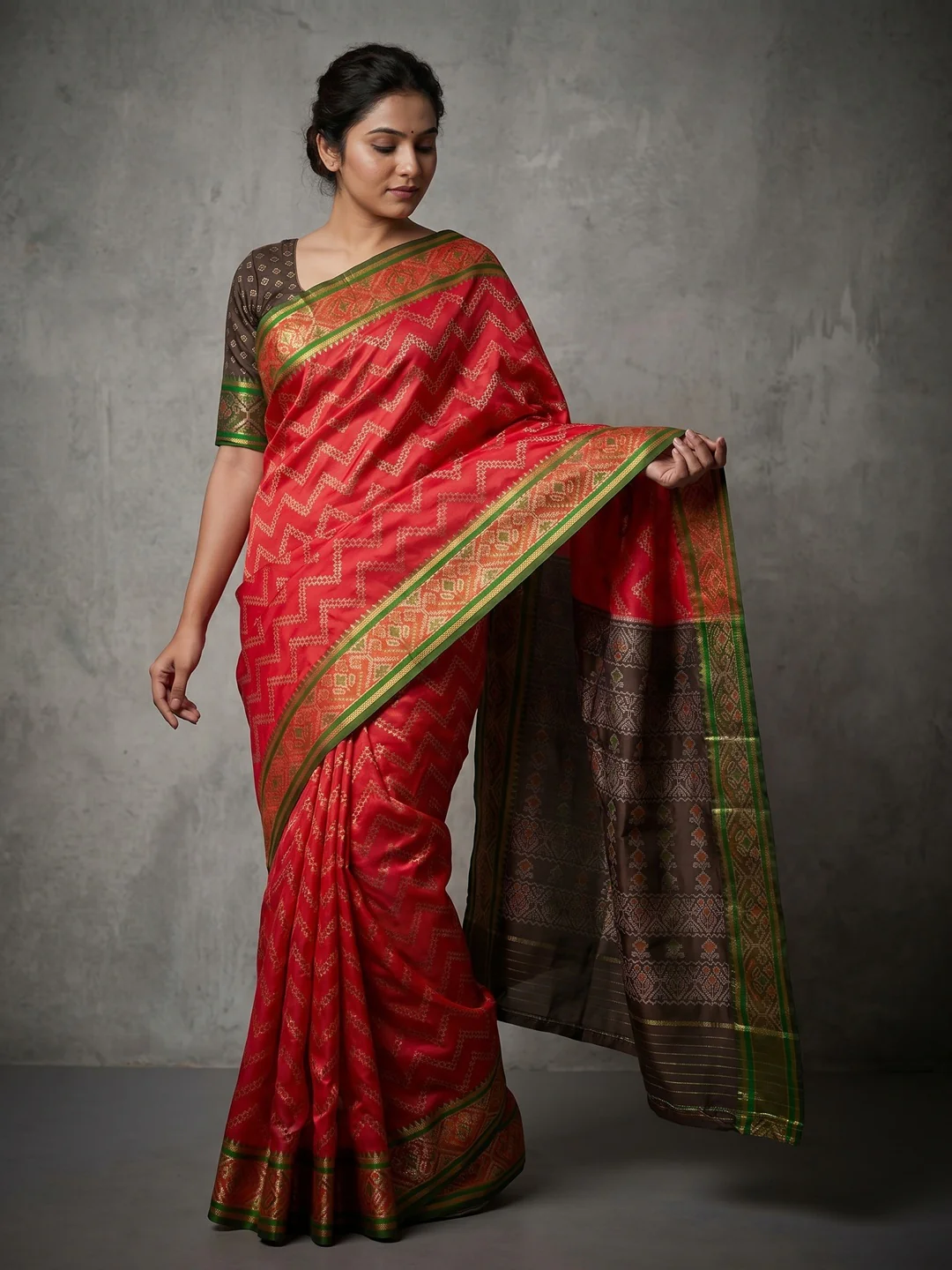 Red Zig-Zag Pattern Art Silk Patola Weaving Saree with Contrast Blouse
