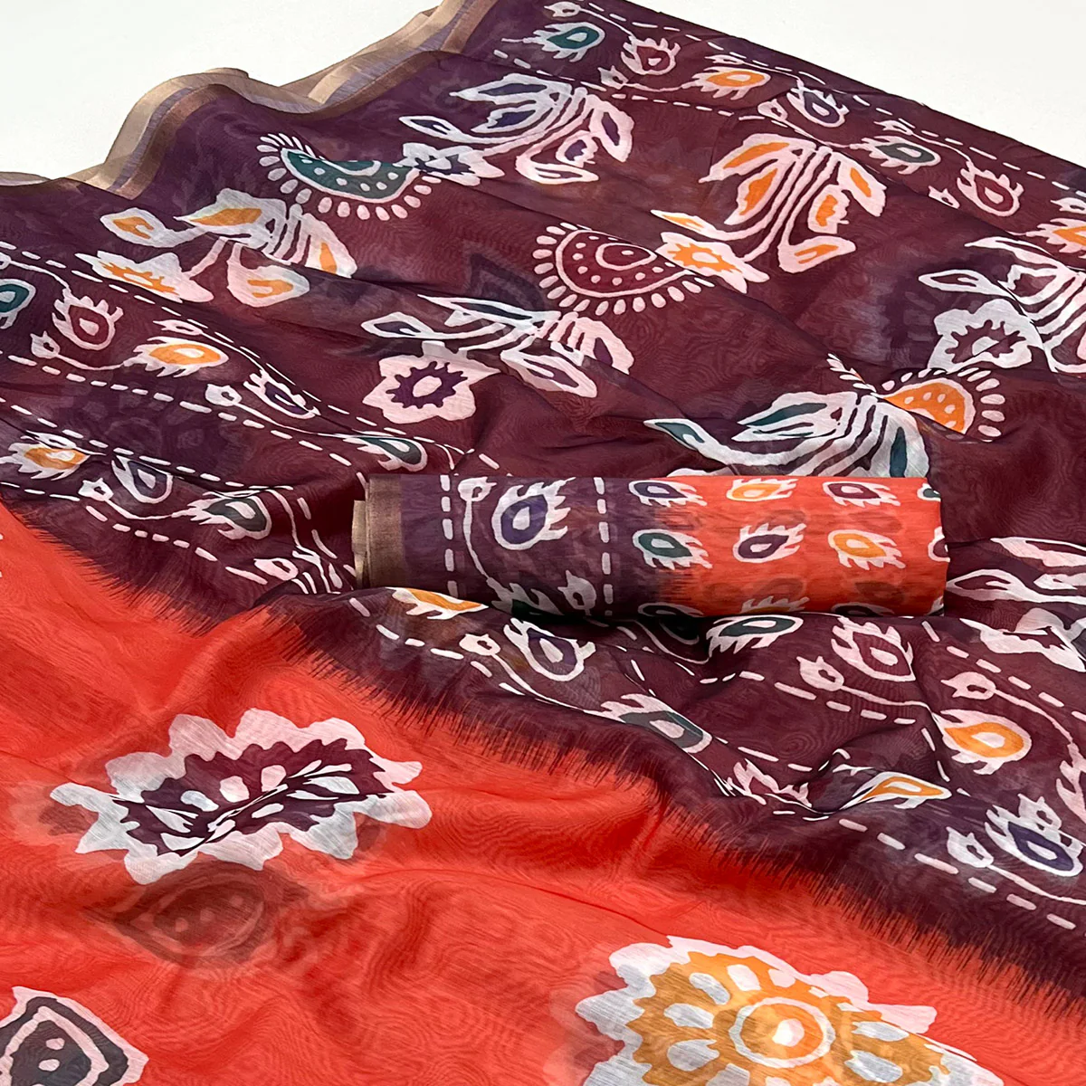 Reddish Orange Digital Printed Linen Saree With Zari Border - Image 2