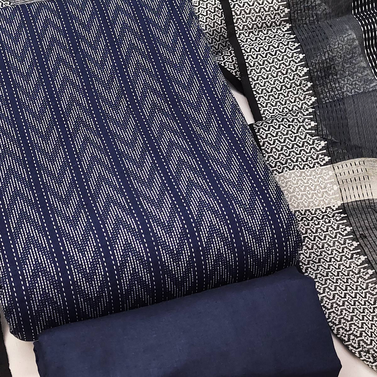 Redefine Elegance With This Navy Blue Chevron Woven Pattern Cotton Blend Dress Material - Image 2