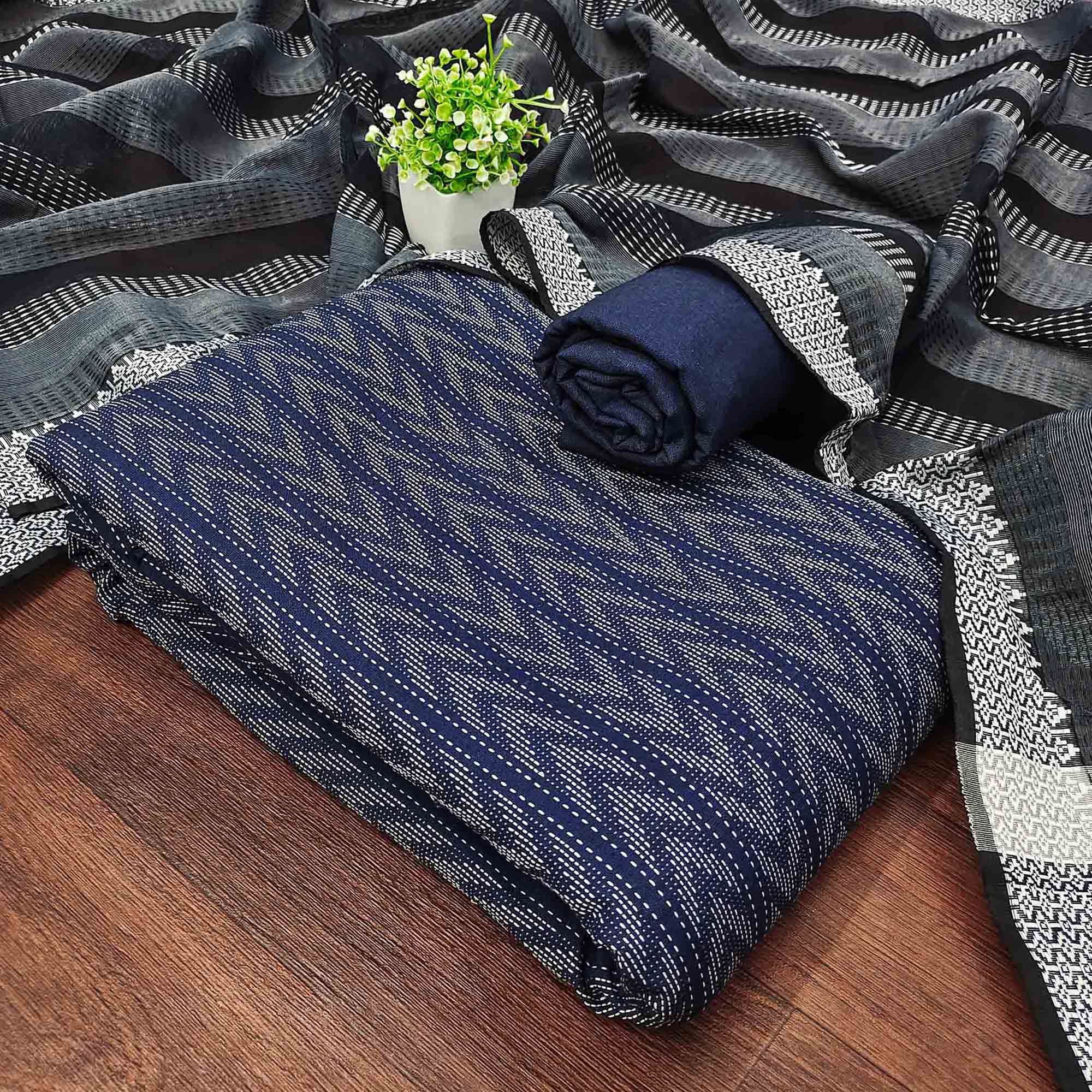 Redefine Elegance With This Navy Blue Chevron Woven Pattern Cotton Blend Dress Material - Image 3