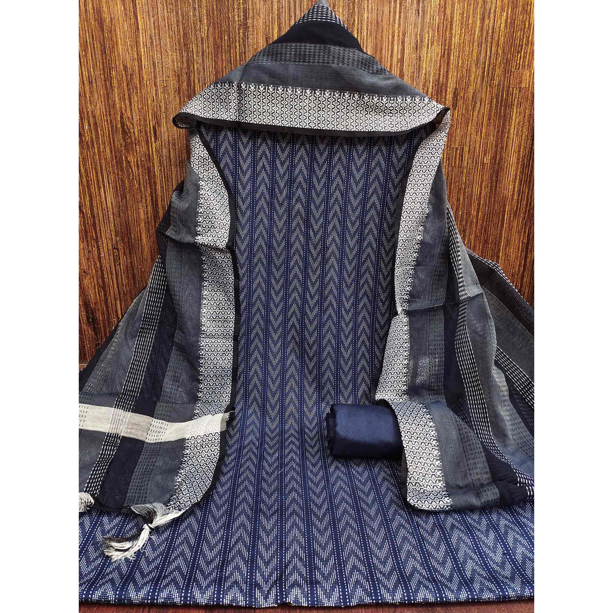 Redefine Elegance With This Navy Blue Chevron Woven Pattern Cotton Blend Dress Material - Image 4