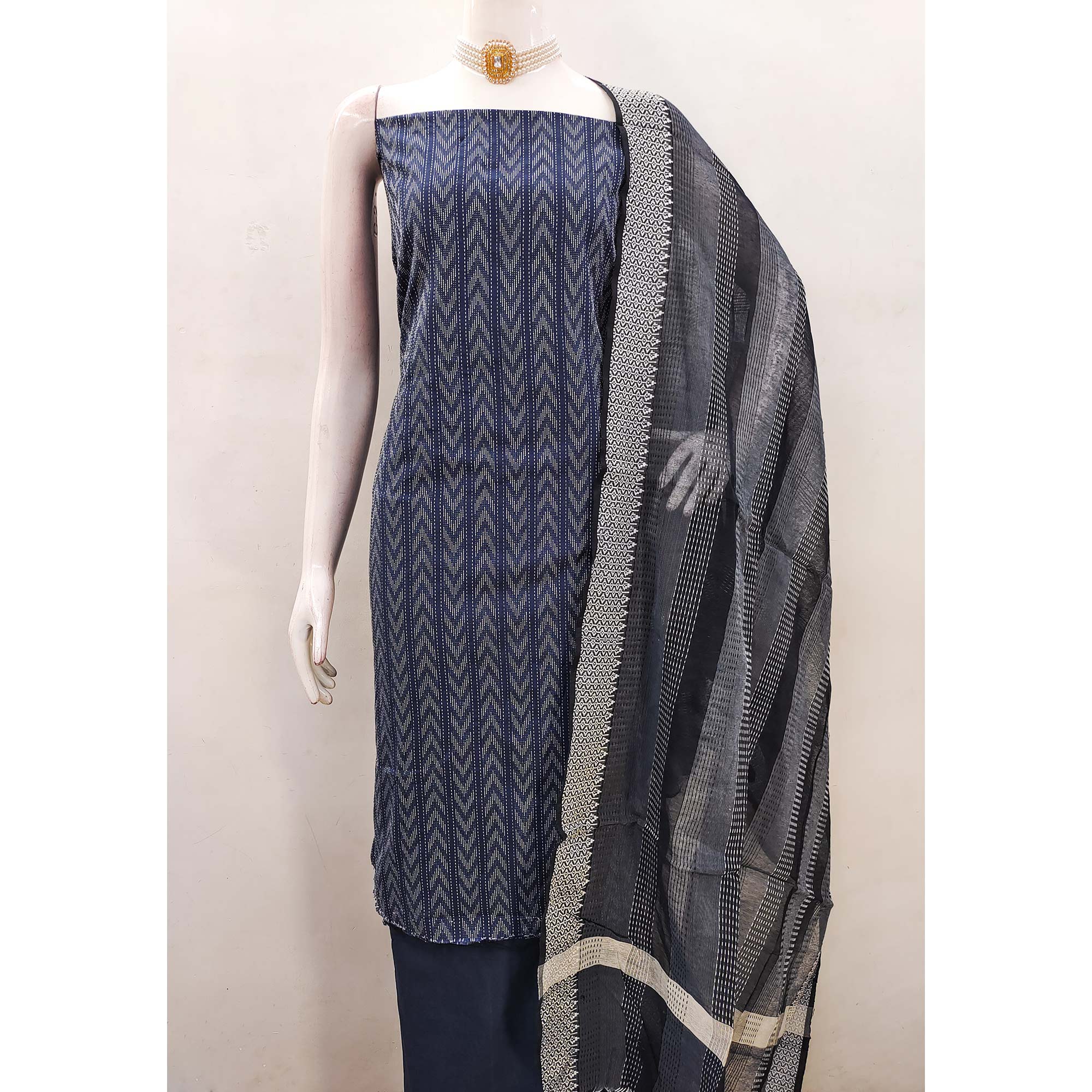 Redefine Elegance With This Navy Blue Chevron Woven Pattern Cotton Blend Dress Material - Image 5