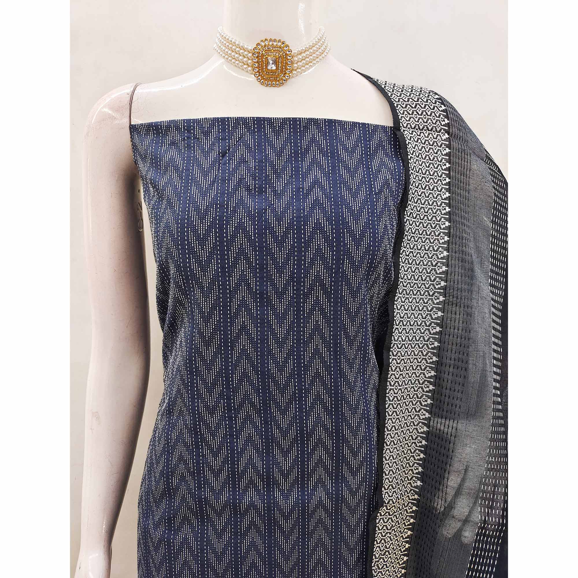Redefine Elegance With This Navy Blue Chevron Woven Pattern Cotton Blend Dress Material - Image 6