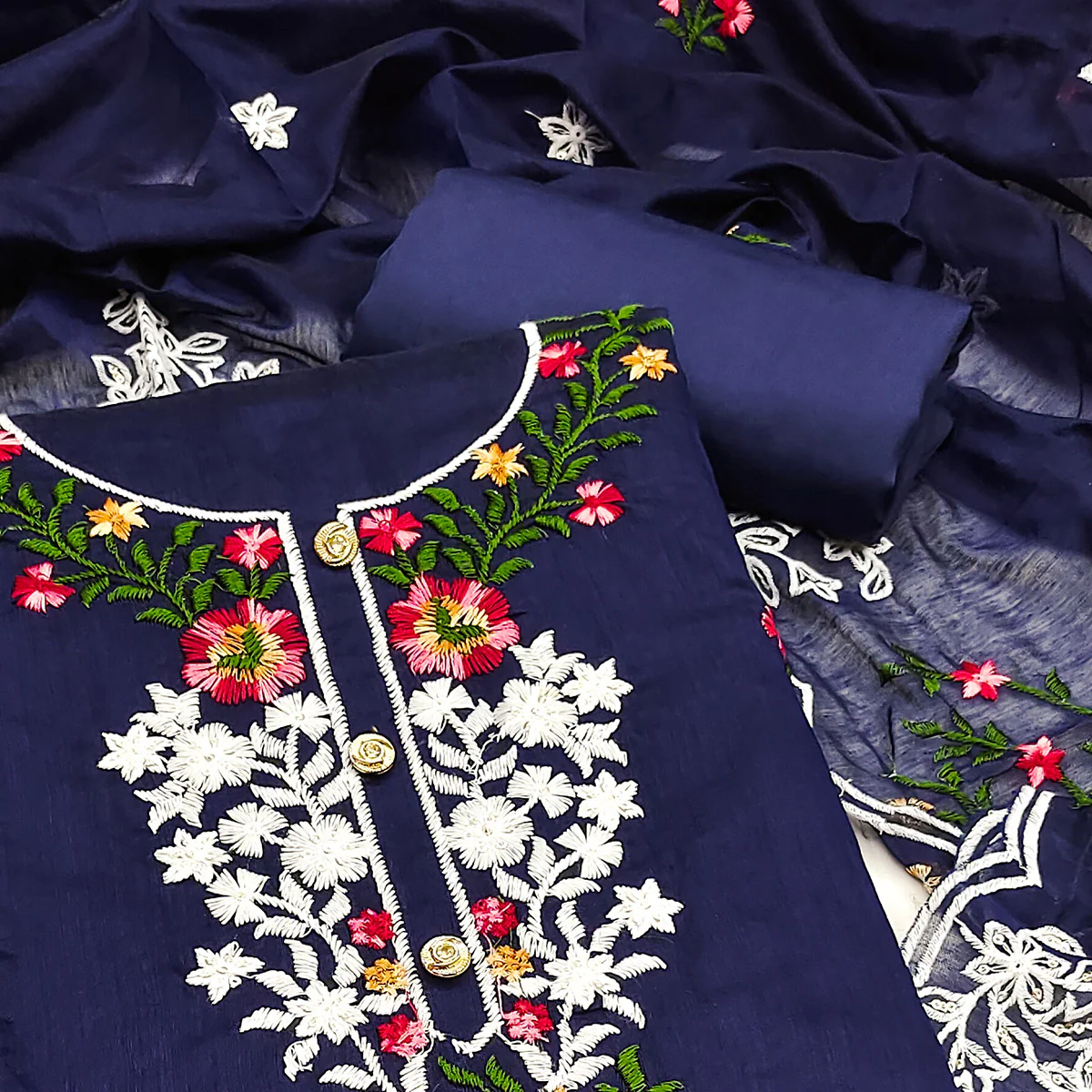 Redefine Elegance with this Navy Blue Floral Sequins Embroidered Chanderi Dress Material - Image 2
