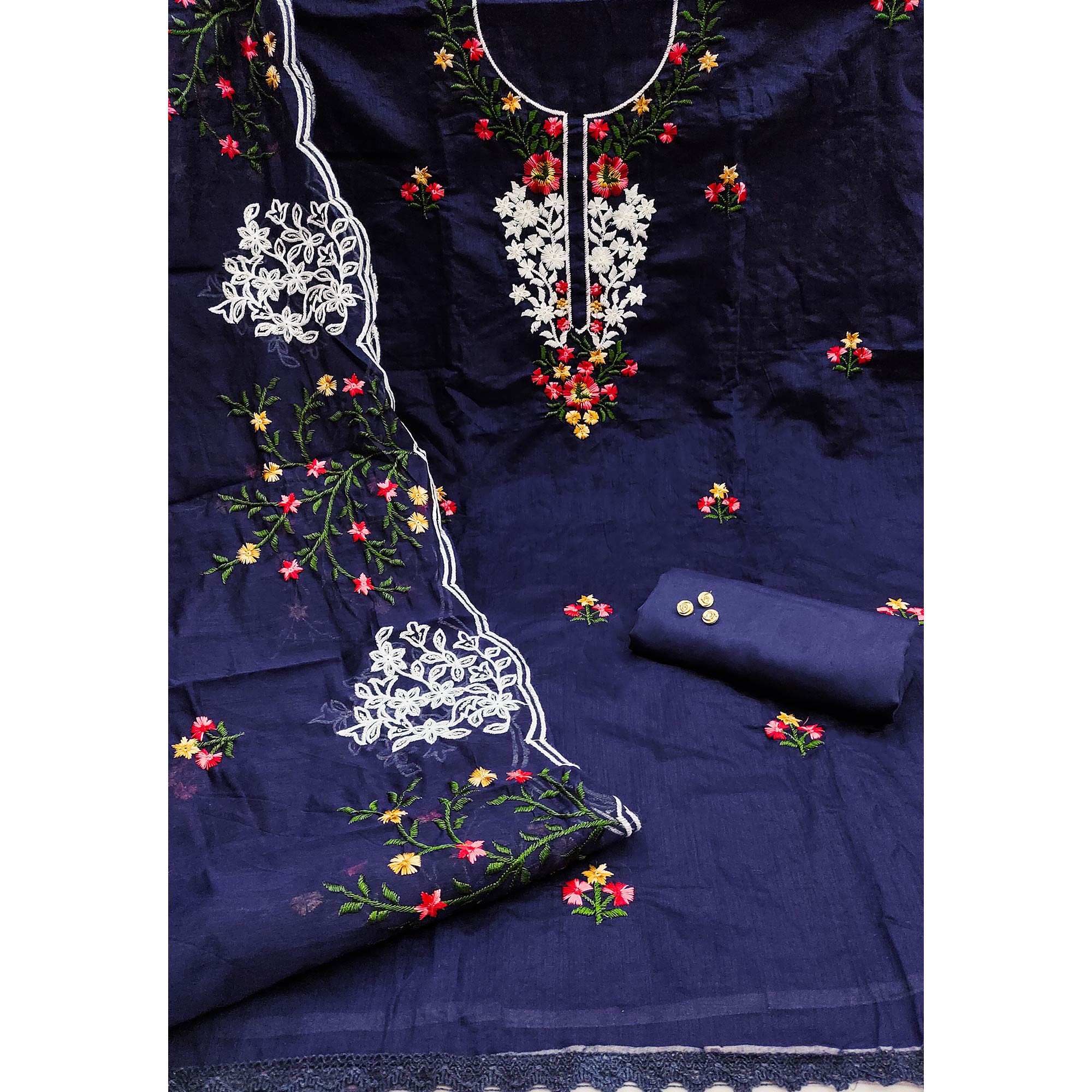 Redefine Elegance with this Navy Blue Floral Sequins Embroidered Chanderi Dress Material - Image 3