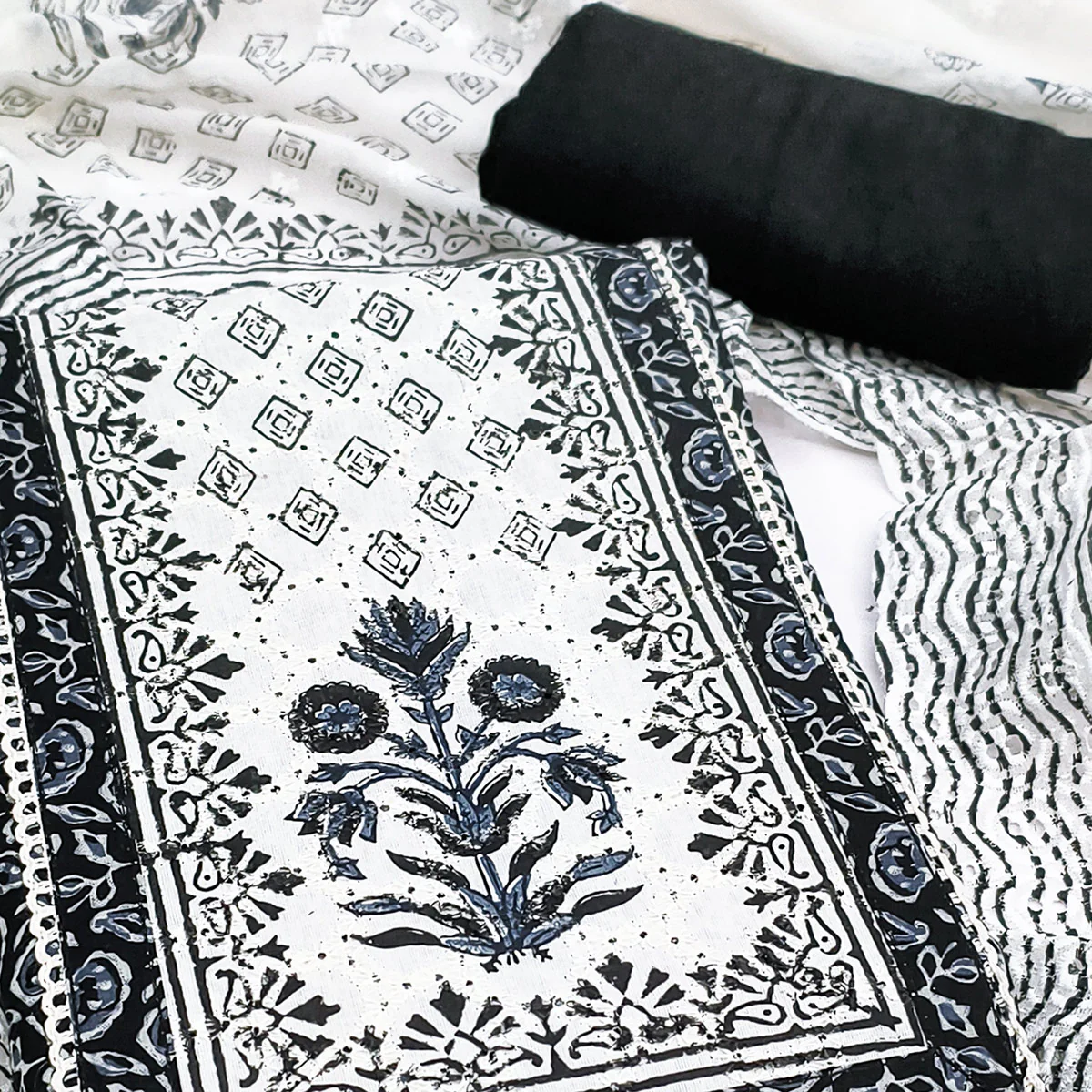 Refined Black Floral Printed Pure Cotton Dress Material With A Clean Contemporary Look - Image 2