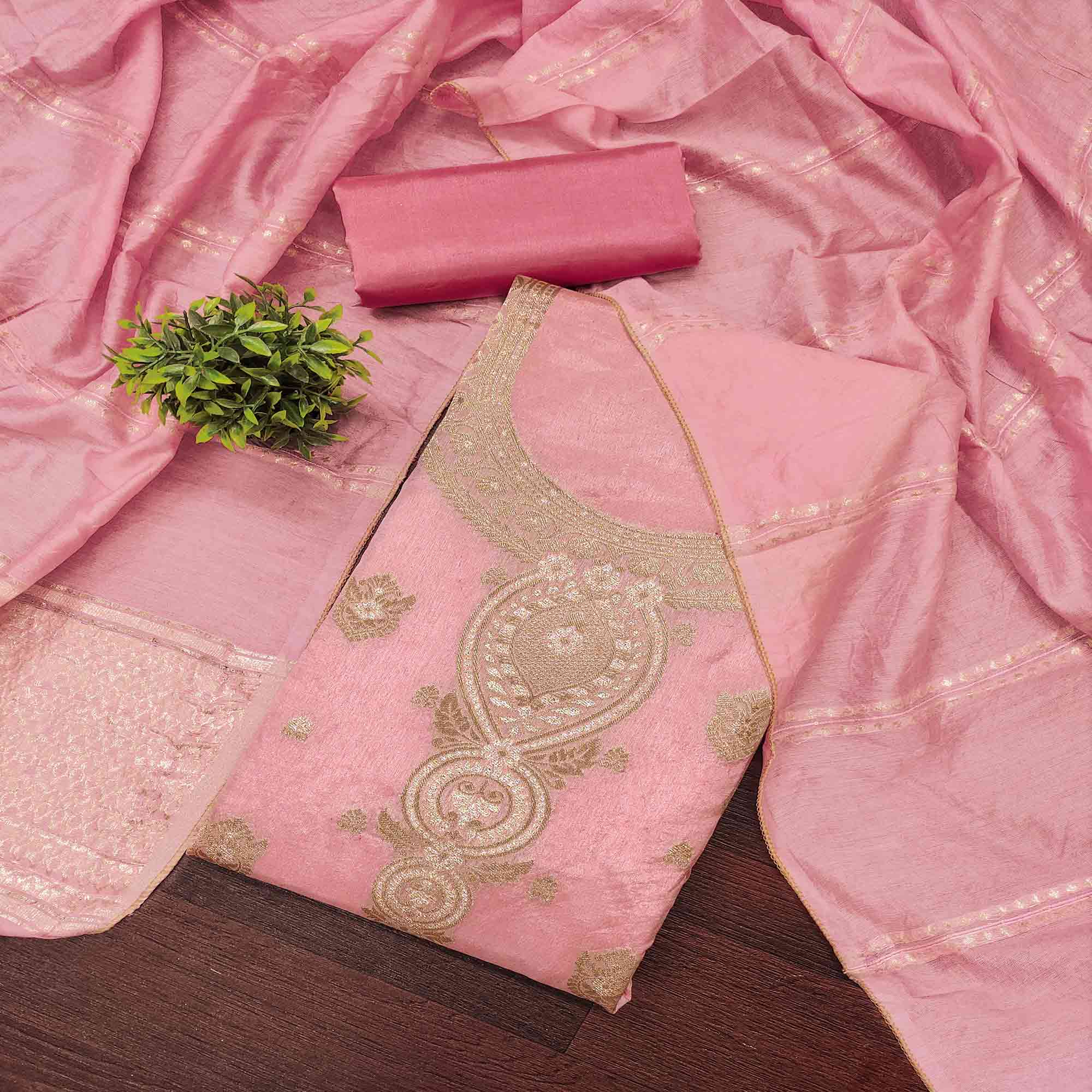 Refined Pink Viscose Jacquard Dress Material Featuring Floral Weaving Work