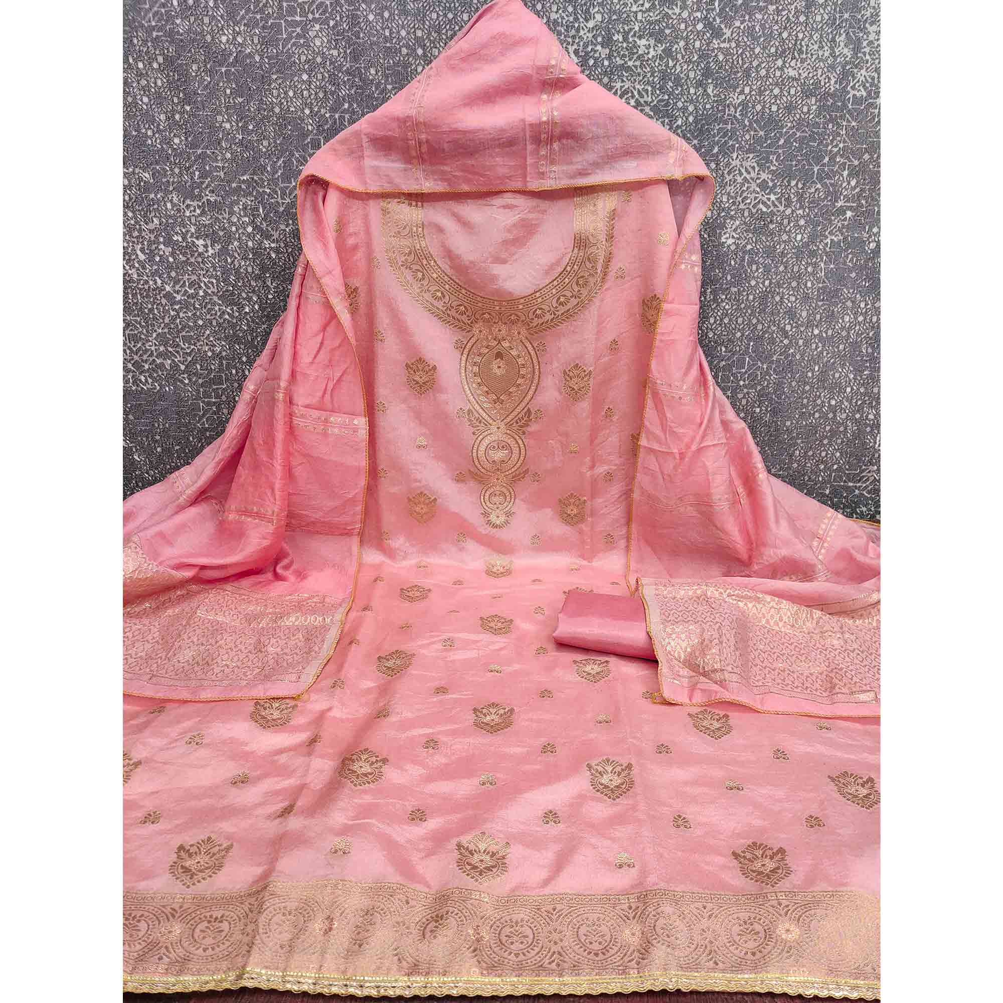 Refined Pink Viscose Jacquard Dress Material Featuring Floral Weaving Work - Image 4