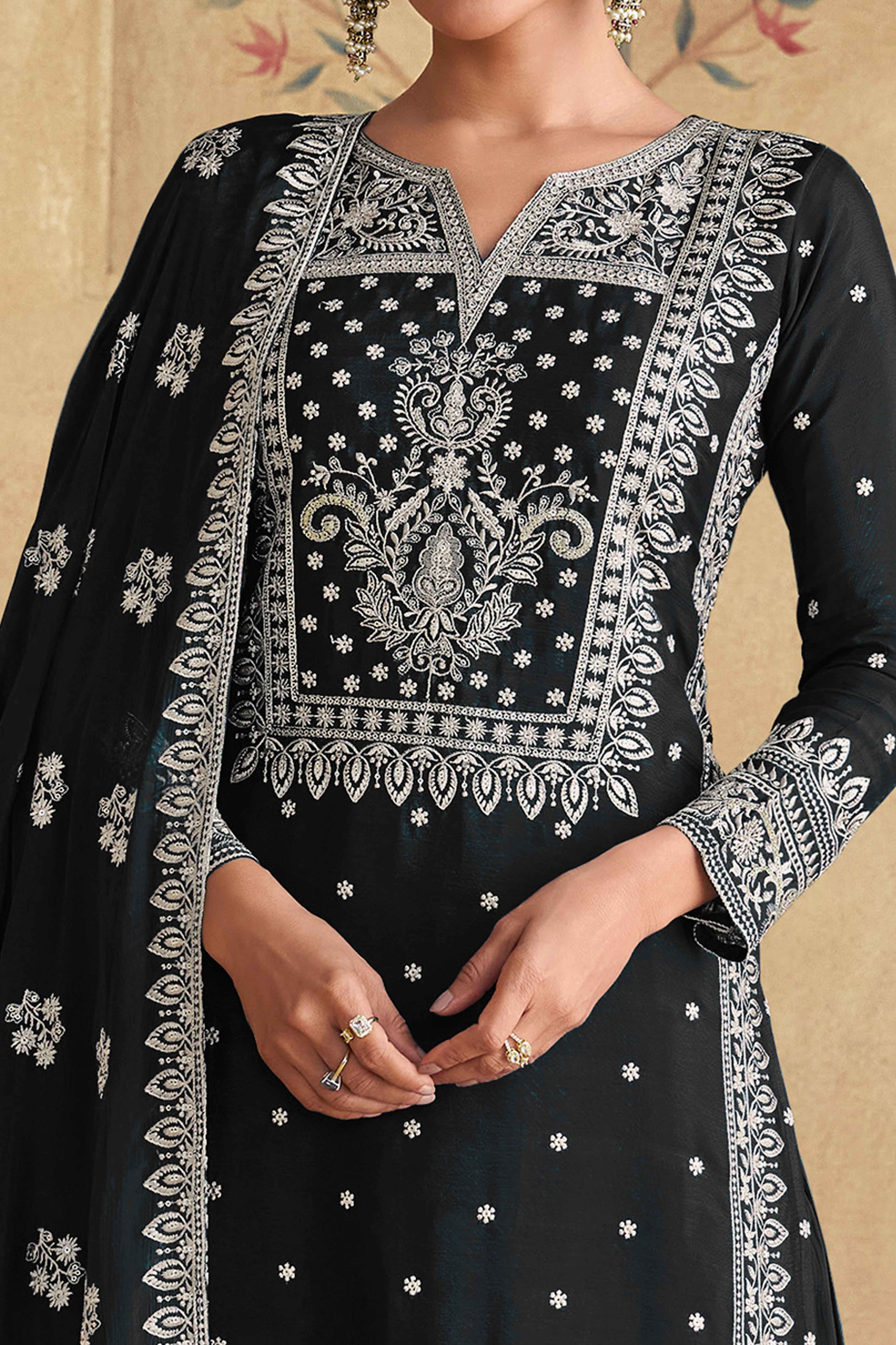 Refreshing Black Semi-Stitched Georgette Suit With Dazzling Floral Sequin Work - Image 2