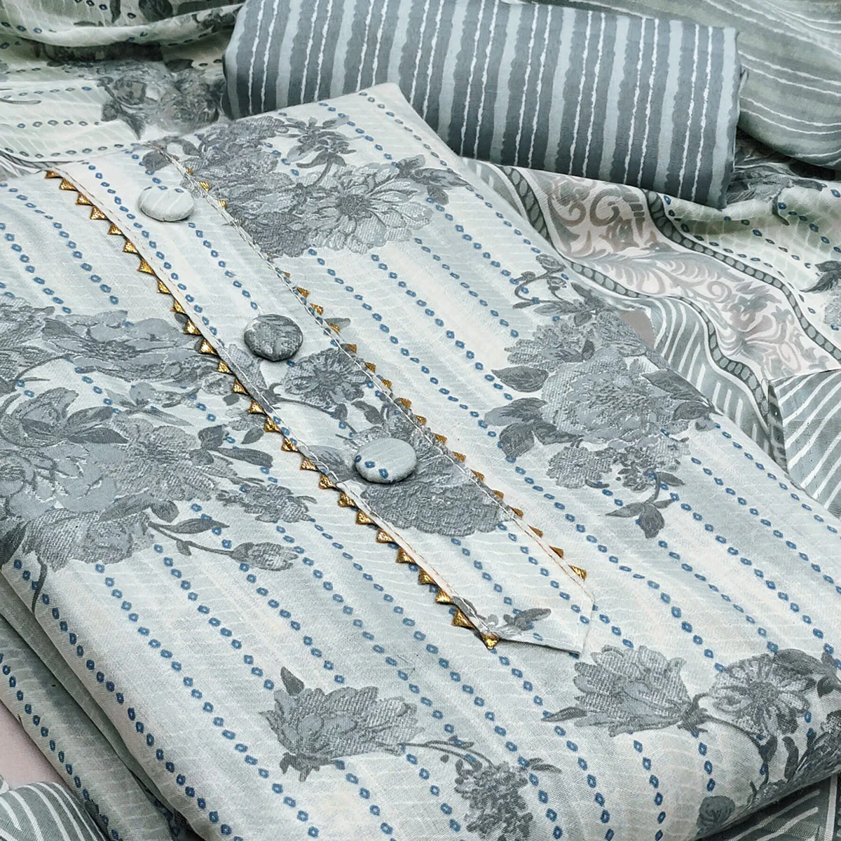 Refreshing Bluish Grey Floral Printed Pure Cotton Dress Material For Everyday Comfort - Image 2