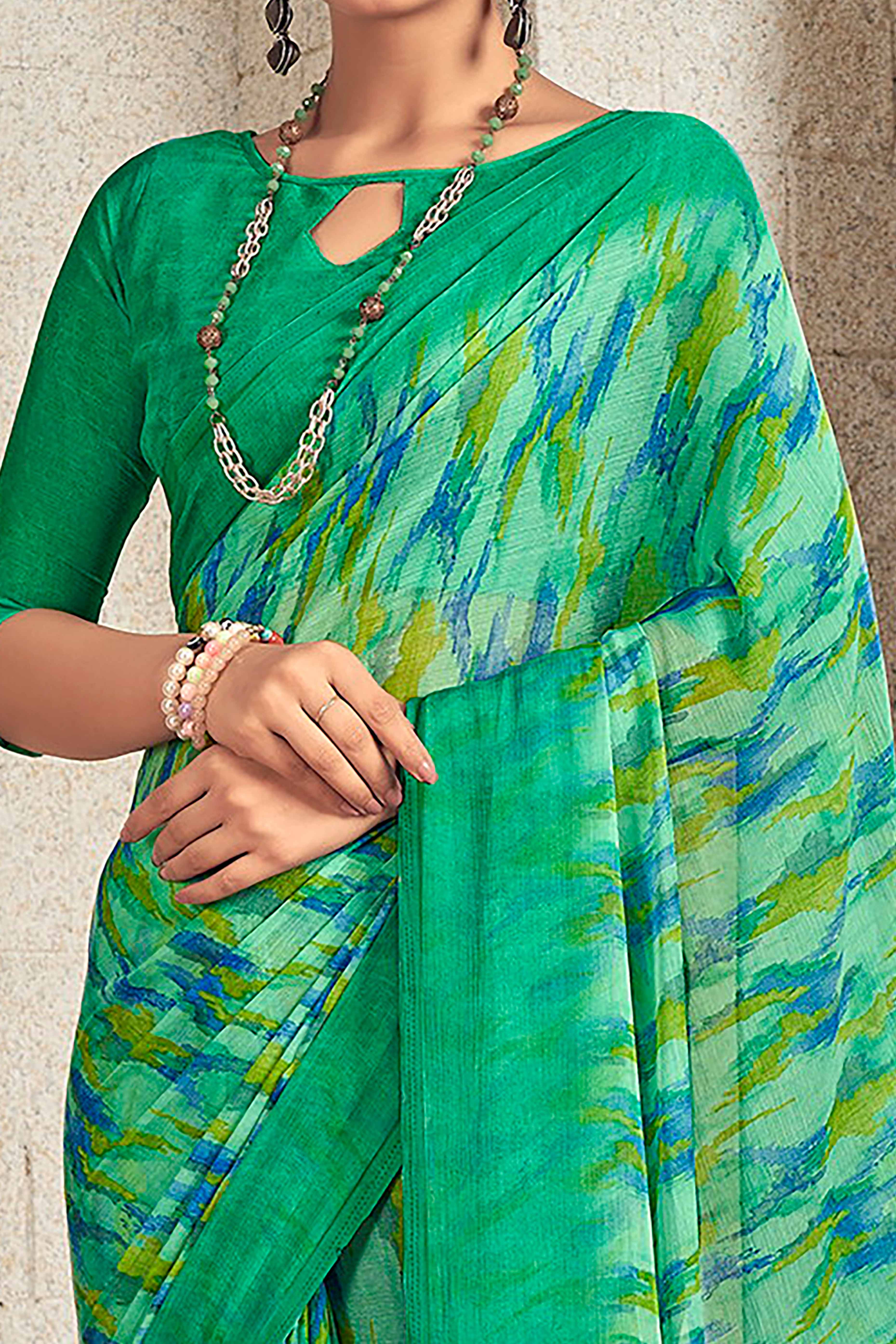 Refreshing Green Chiffon Saree With Modern Abstract Print - Image 2
