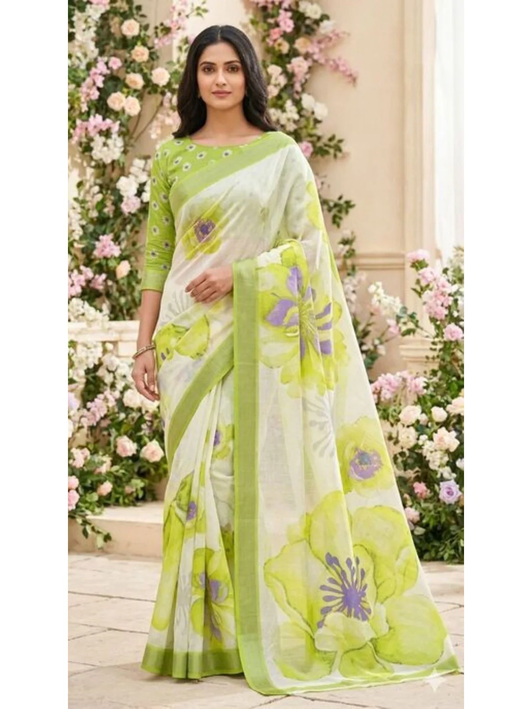 Refreshing Green Floral Digital Printed Linen Saree Accented With A Subtle Silver Border