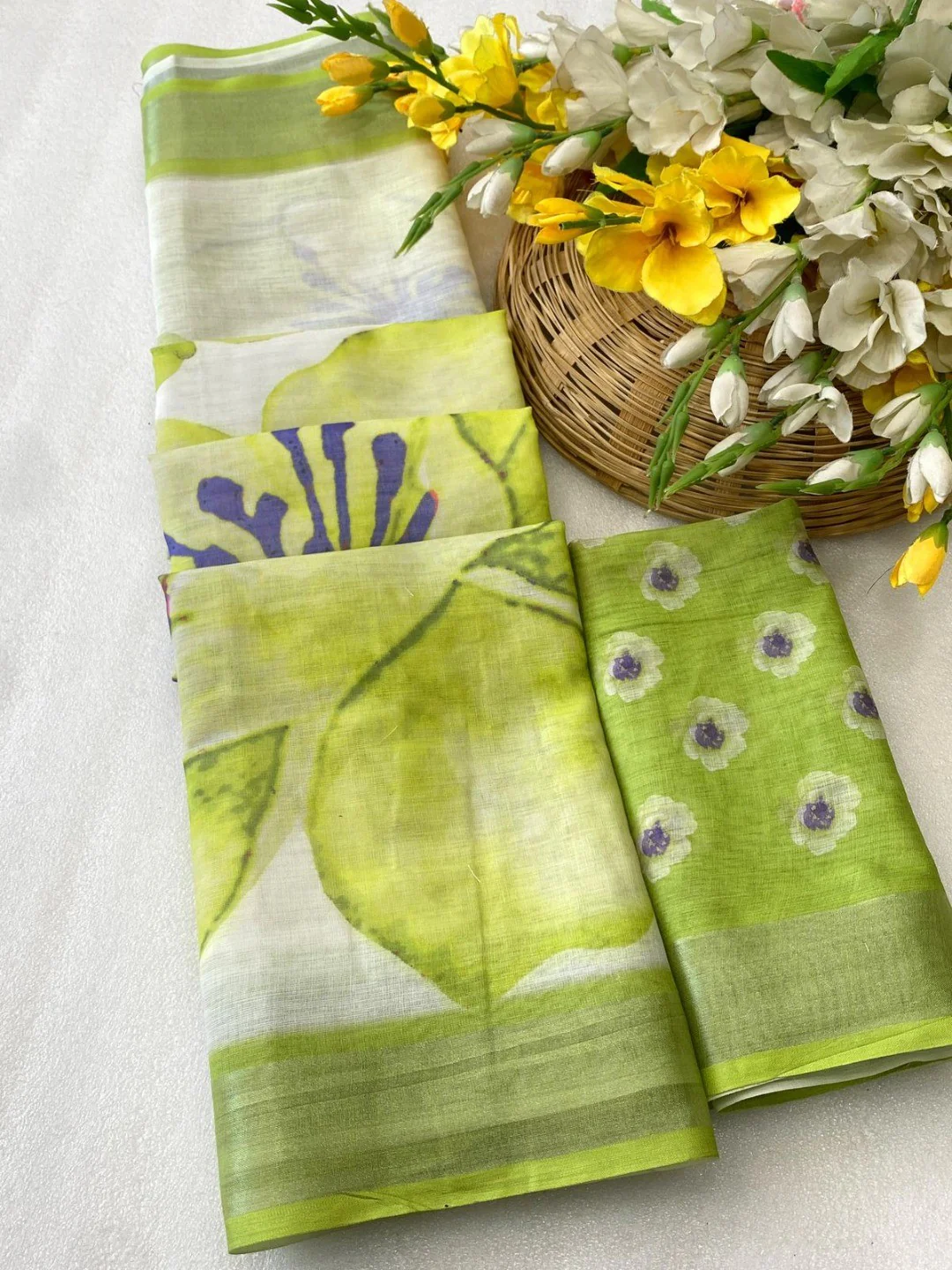 Refreshing Green Floral Digital Printed Linen Saree Accented With A Subtle Silver Border - Image 3