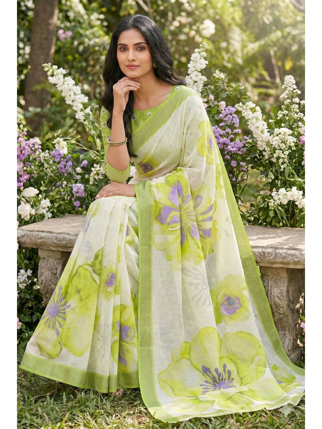Refreshing Green Floral Digital Printed Linen Saree Accented With A Subtle Silver Border - Image 4