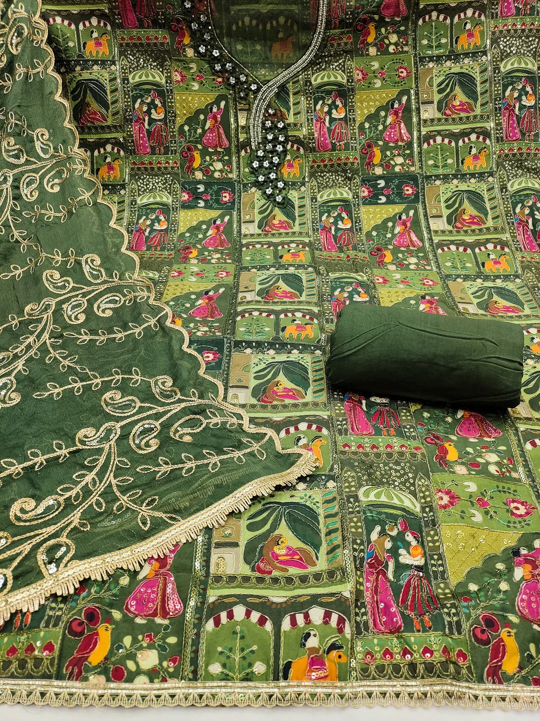 Refreshing Green Floral Embroidered Viscose Dress Material Featuring Intricate Sequins & Moti Work - Image 2