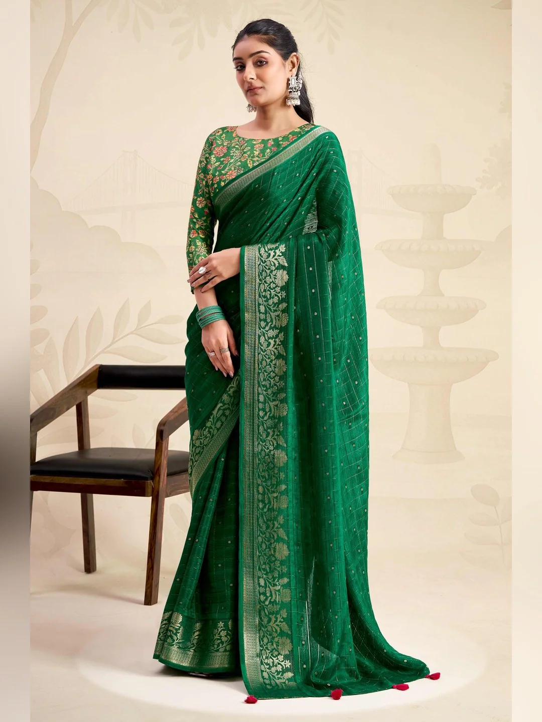 Refreshing Green Floral Weaving Chinon Jacquard Saree With Artful Tassel Pallu Accent