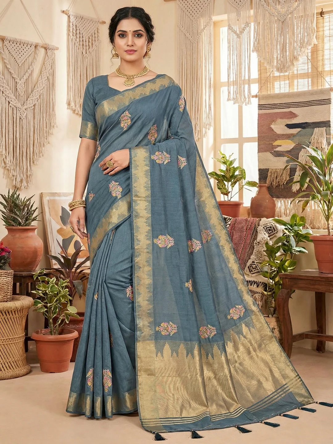 Refreshing Grey Cotton Blend Saree Highlighted By Intricate Floral Embroidery & Zari Weaving
