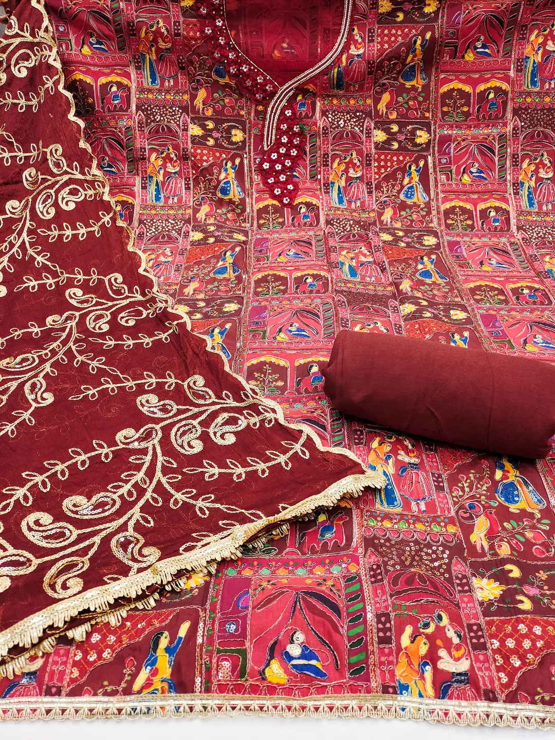 Refreshing Maroon Floral Embroidered Viscose Dress Material Featuring Intricate Sequins & Moti Work - Image 2