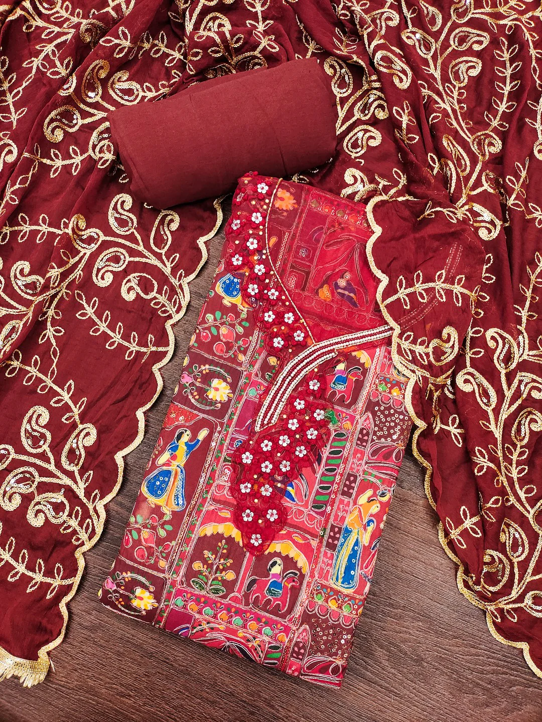 Refreshing Maroon Floral Embroidered Viscose Dress Material Featuring Intricate Sequins & Moti Work - Image 3