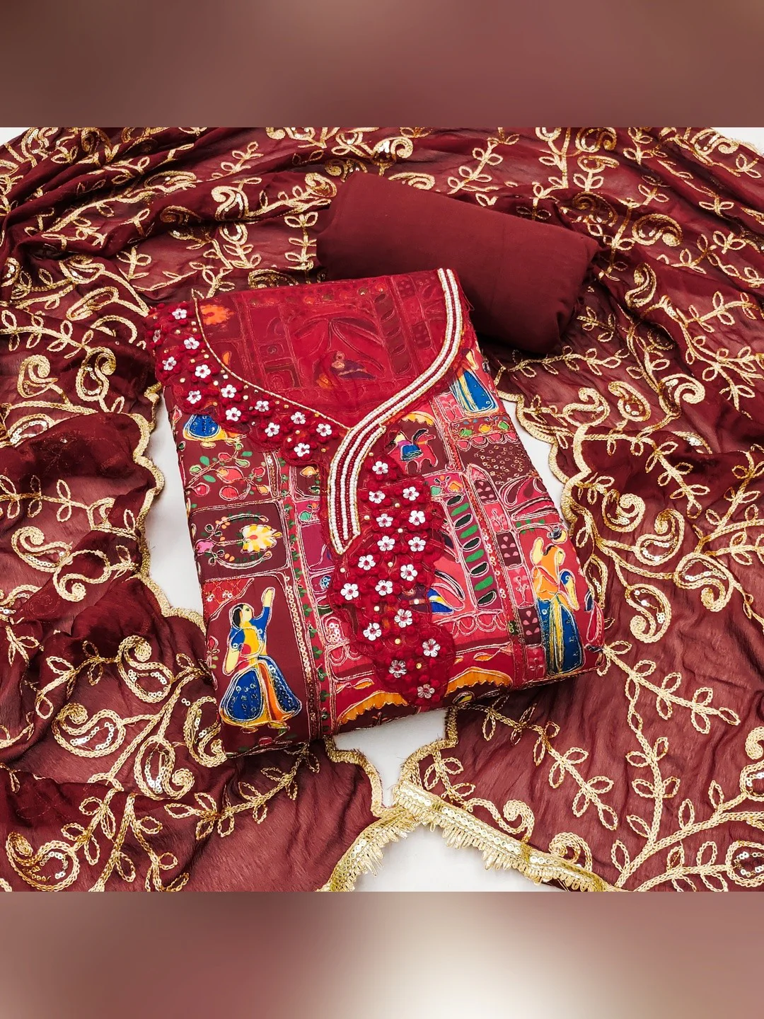 Refreshing Maroon Floral Embroidered Viscose Dress Material Featuring Intricate Sequins & Moti Work - Image 4