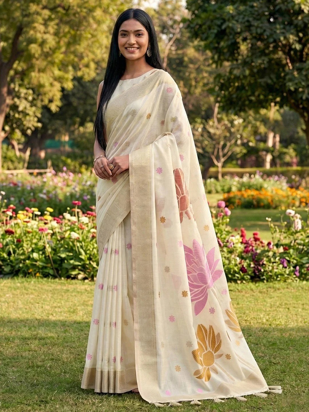 Refreshing Offwhite Linen Cotton Saree Highlighted With Delicate Floral Weaving & Tassel Pallu