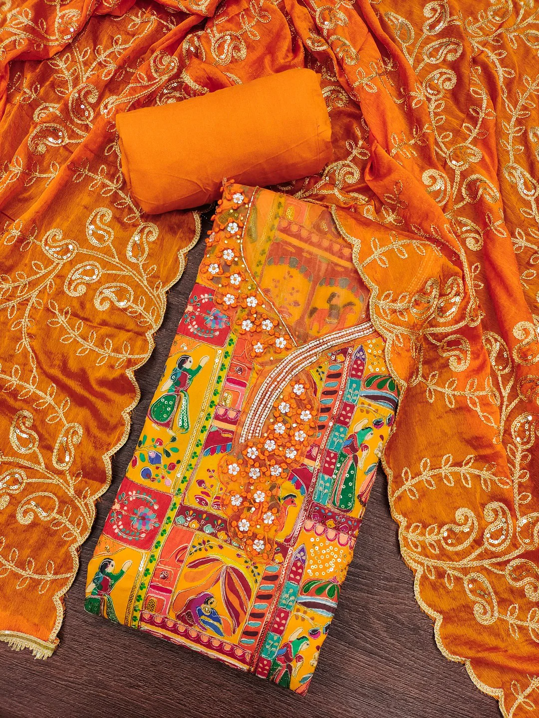 Refreshing Orange Floral Embroidered Viscose Dress Material Featuring Intricate Sequins & Moti Work - Image 2