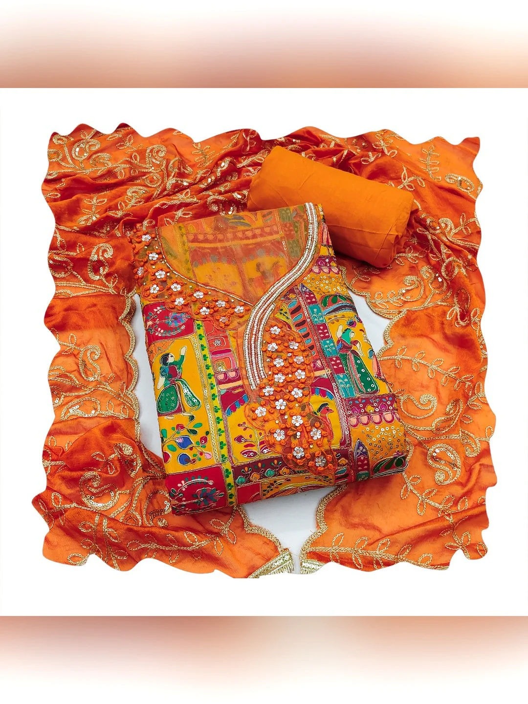 Refreshing Orange Floral Embroidered Viscose Dress Material Featuring Intricate Sequins & Moti Work - Image 3