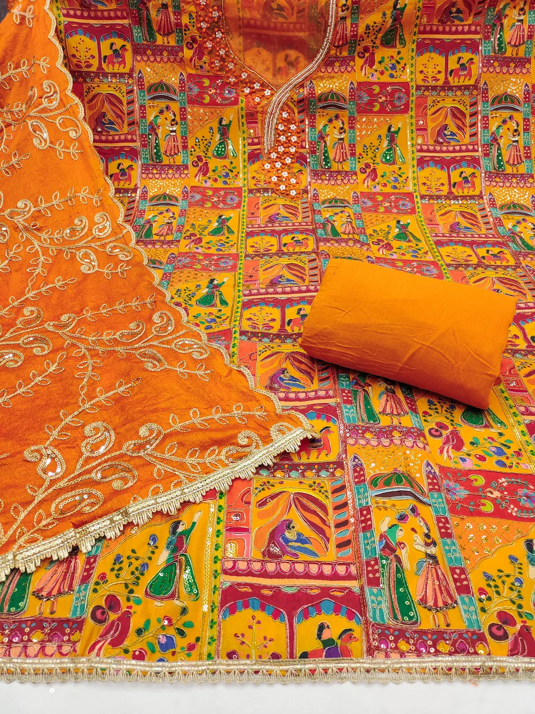 Refreshing Orange Floral Embroidered Viscose Dress Material Featuring Intricate Sequins & Moti Work - Image 5