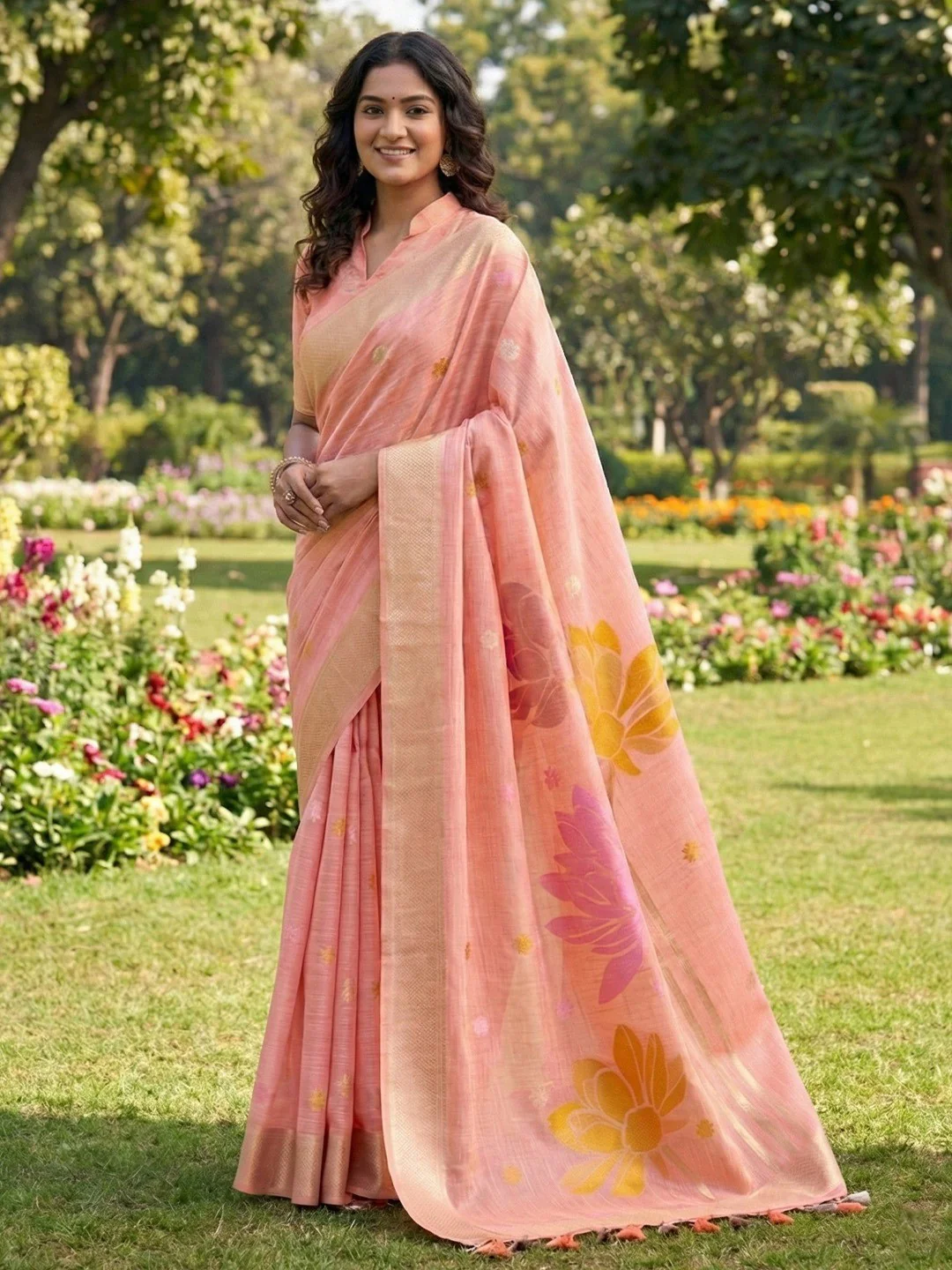 Refreshing Peach Linen Cotton Saree Highlighted With Delicate Floral Weaving & Tassel Pallu