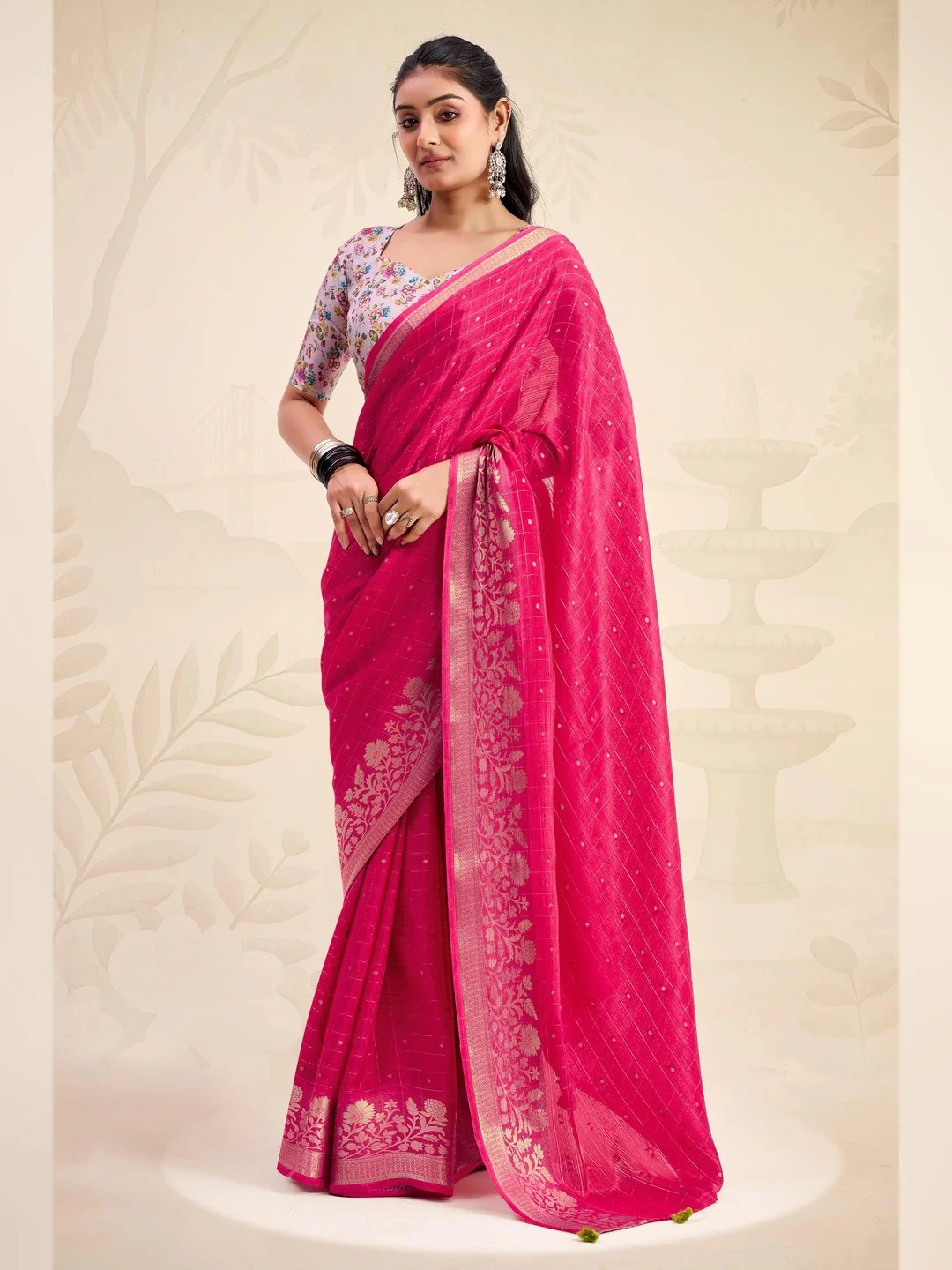 Refreshing Rani Pink Floral Weaving Chinon Jacquard Saree With Artful Tassel Pallu Accent