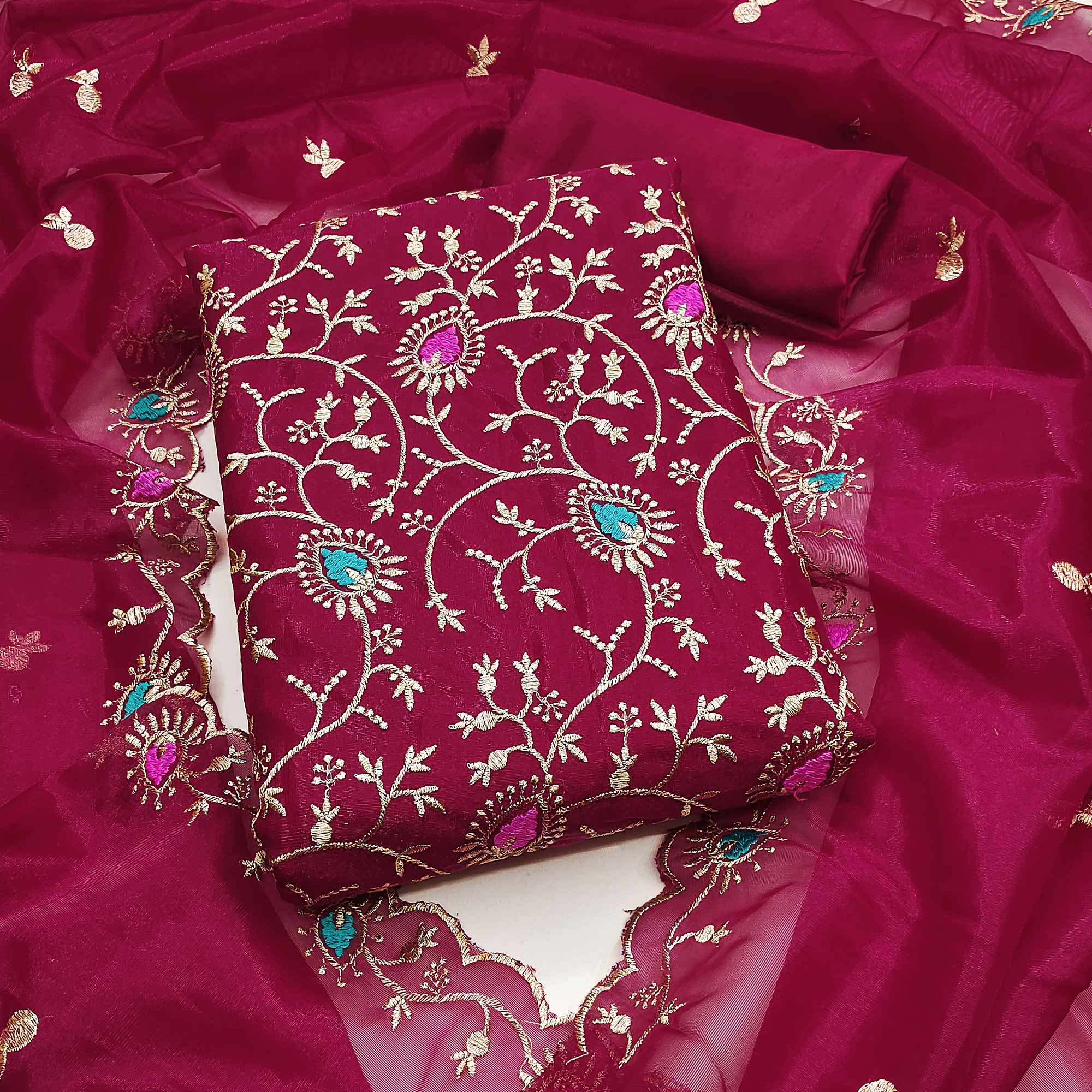 Refreshing Rani Pink Organza Dress Material with Exquisite Floral Thread & Zari Embroidery - Image 3