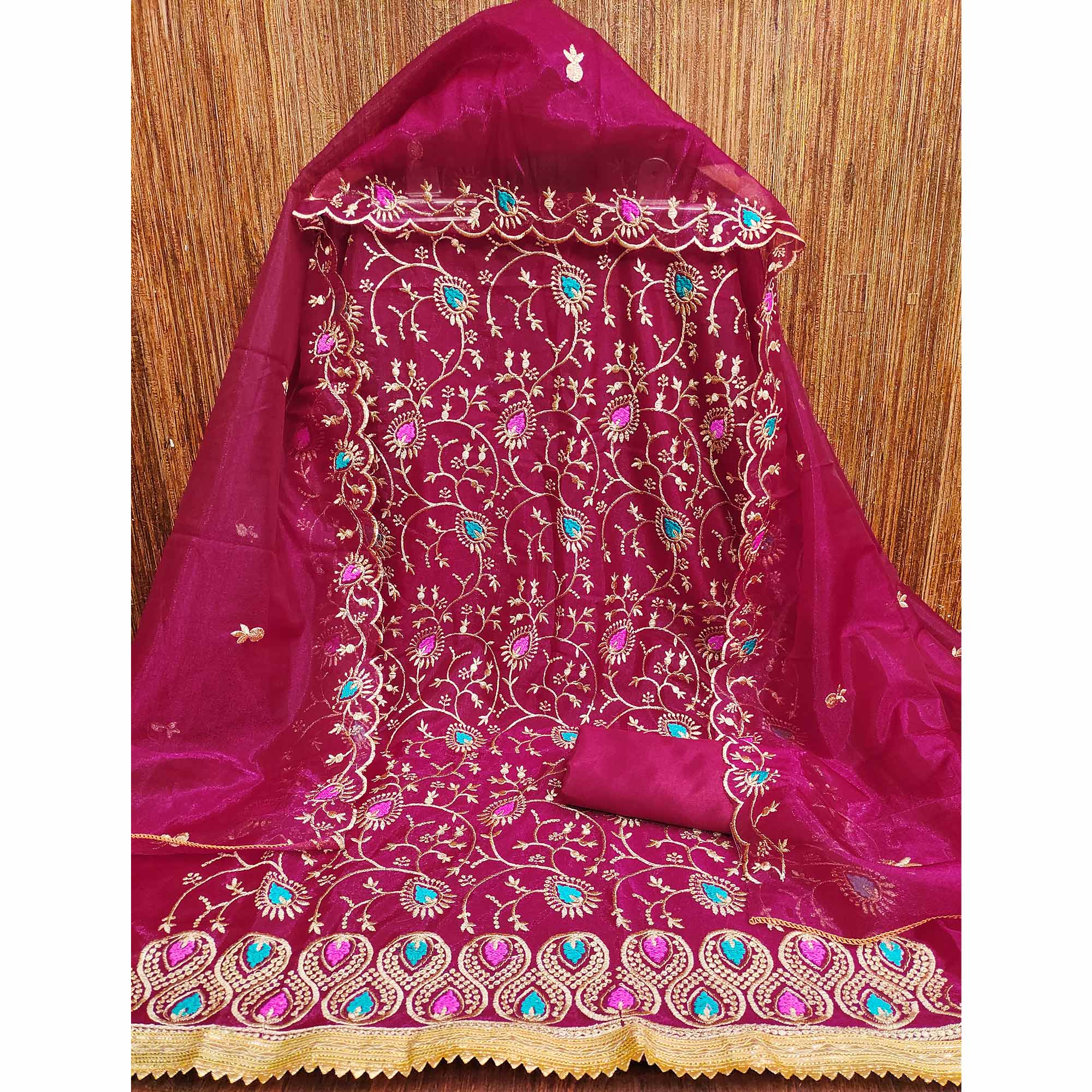 Refreshing Rani Pink Organza Dress Material with Exquisite Floral Thread & Zari Embroidery - Image 4