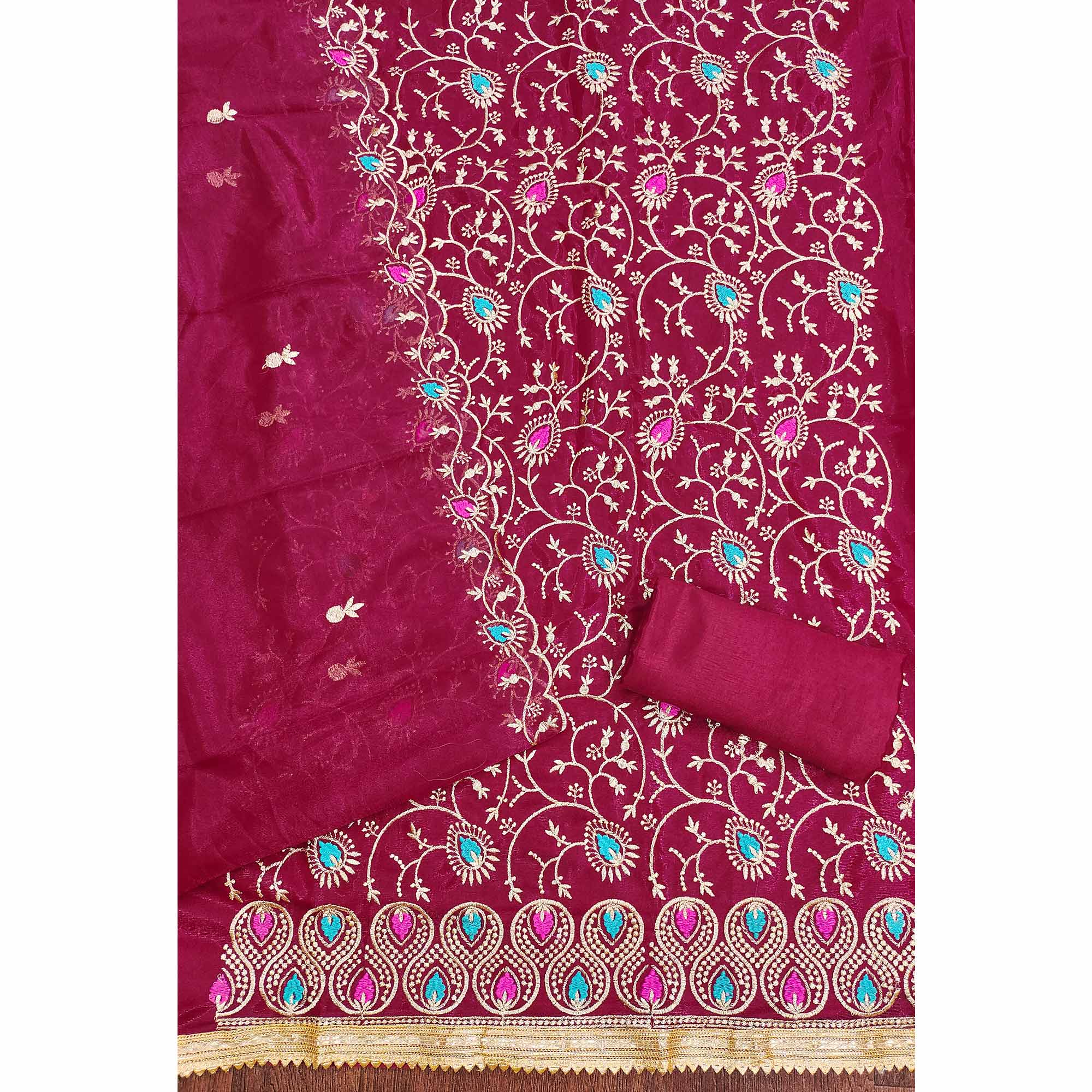 Refreshing Rani Pink Organza Dress Material with Exquisite Floral Thread & Zari Embroidery - Image 5