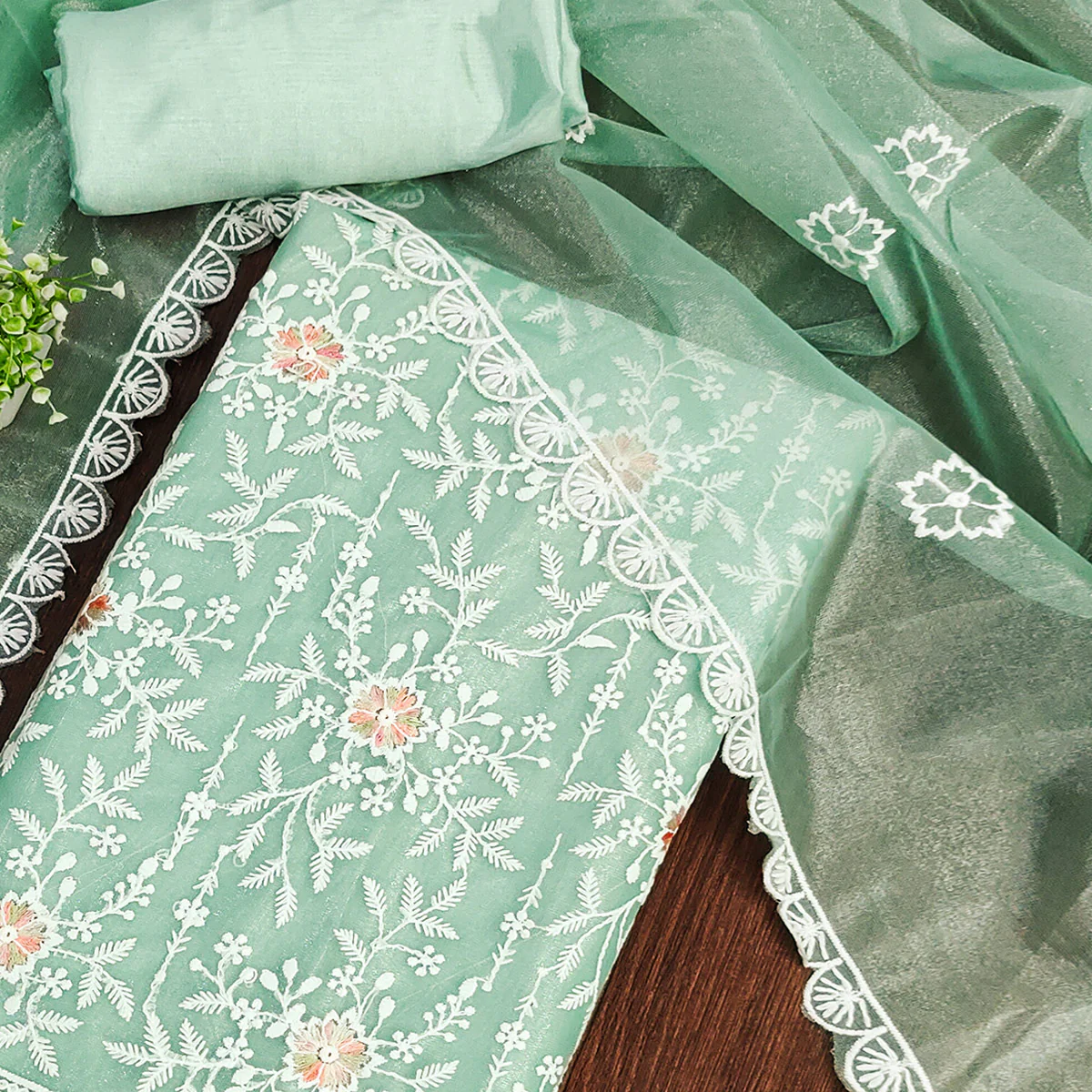 Refreshing Sea Green Organza Dress Material Adorned with Intricate Floral Embroidery - Image 2
