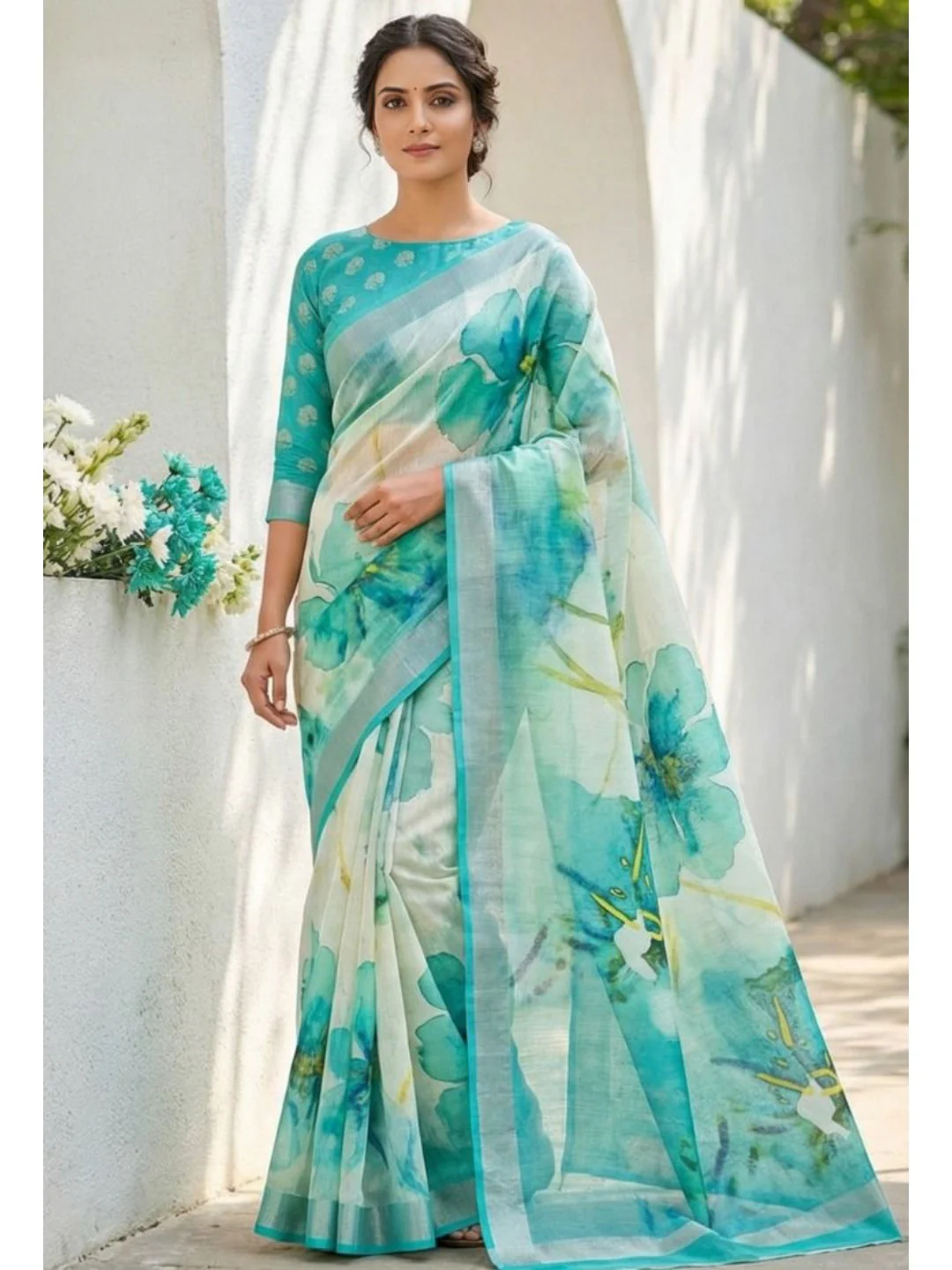 Refreshing Turquoise Floral Digital Printed Linen Saree Accented With A Subtle Silver Border