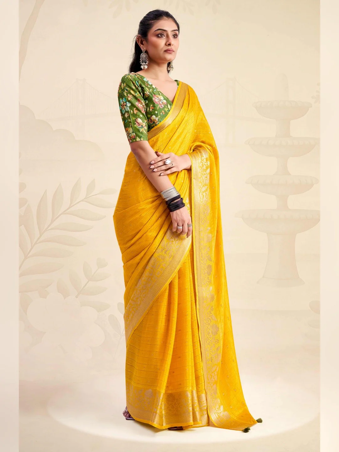 Refreshing Yellow Floral Weaving Chinon Jacquard Saree With Artful Tassel Pallu Accent