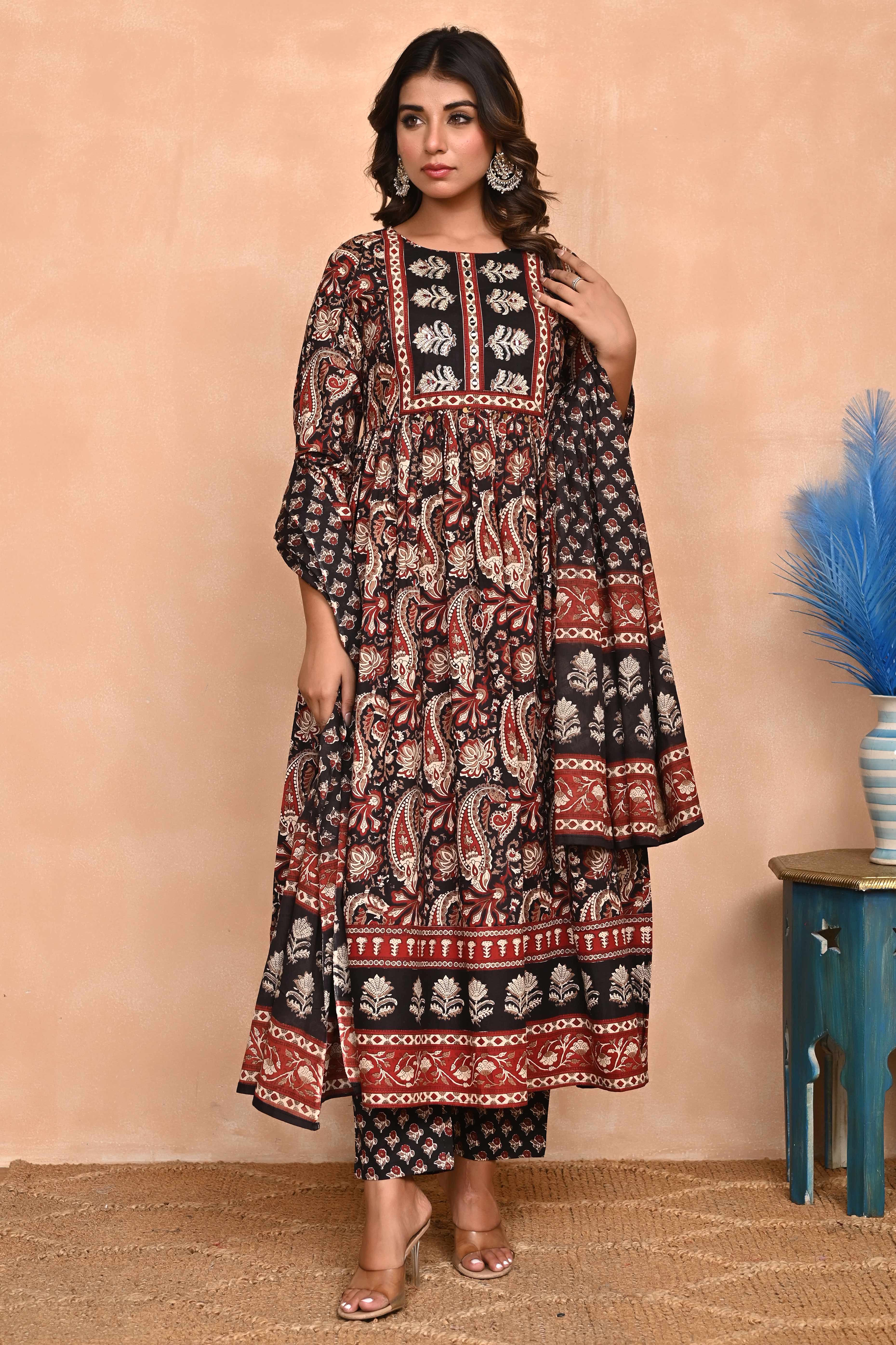 Regal Black Paisley Anarkali Suit in Breathable Cotton Fabric for Effortless Style - Image 3