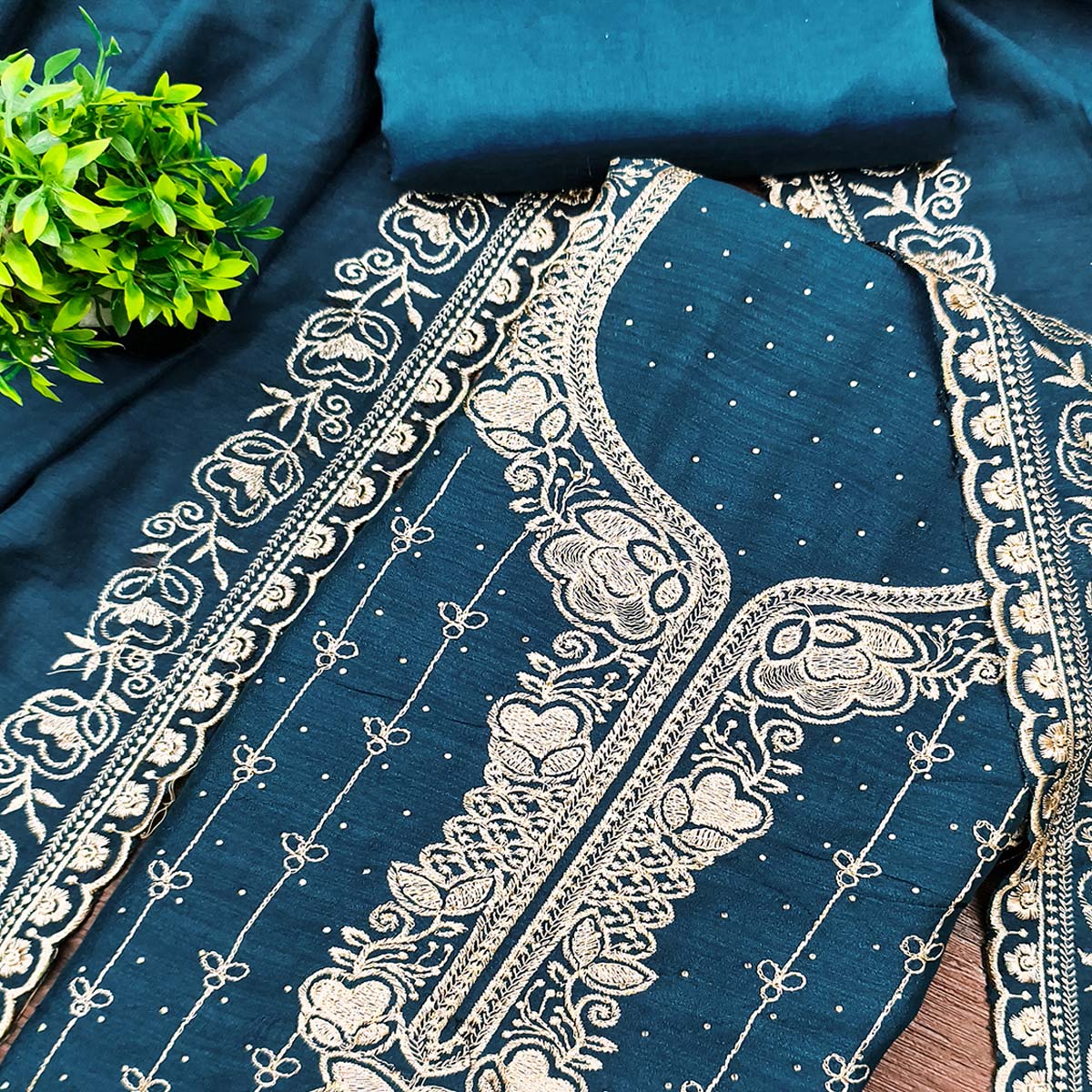 Regal Blue Floral Embroidered Vichitra Silk Dress Material With Dazzling Swarovski Work Detailing - Image 2